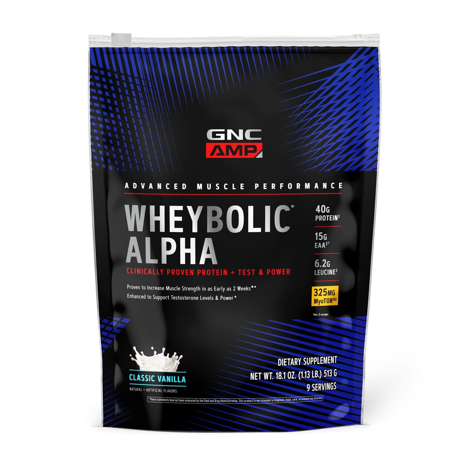 GNC AMP Wheybolic Alpha with MyoTOR Protein Powder - 40g Protein per Serving for Muscle Growth & Recovery | BCAA & Testosterone Support | Vanilla Flavor | Ideal for Post-Workout, Bodybuilding & Fitness Enthusiasts