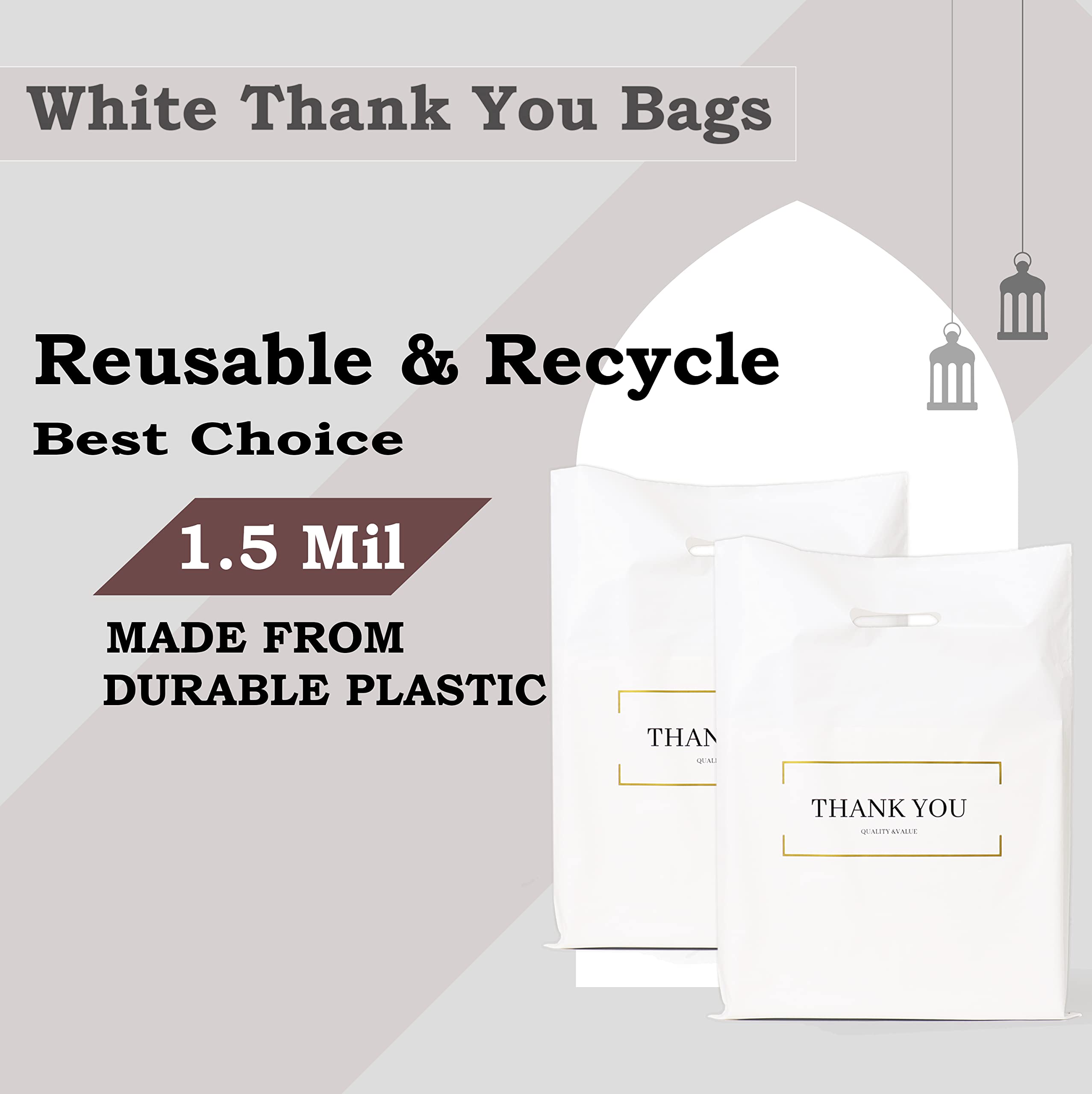 BISC Small Thank You Bags - 9x12 Inch Plastic Gift Bags (65 Pack) - Die Cut Retail Shopping Bags for Boutiques, Stores & Parties - Premium White Plastic Bags for Gifts, Favors & Retail Packaging
