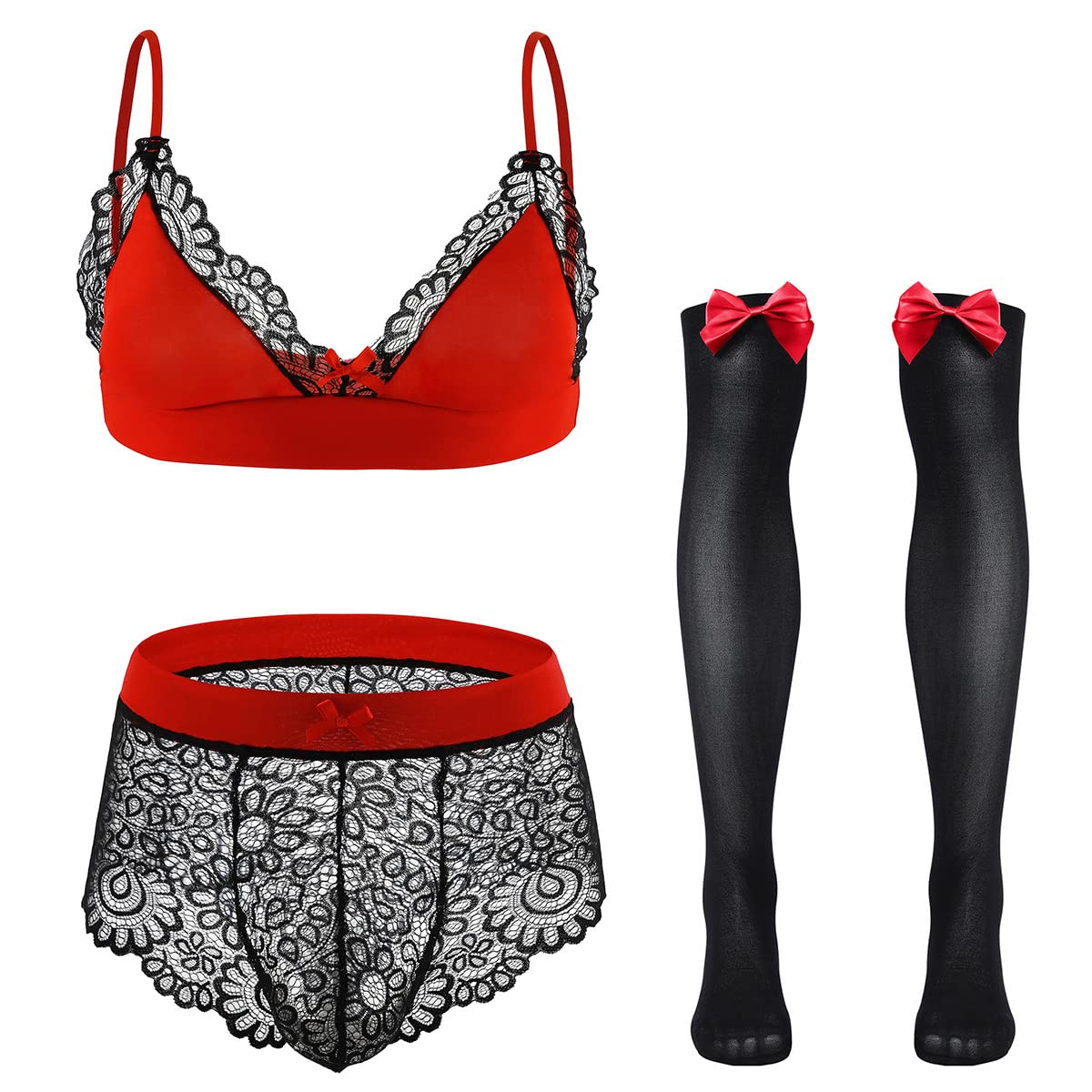 ABAFIP Men's Floral Lace Bra & Bikini Panty Set with Bowknot Stockings - 3 Piece Sissy Nightwear for Crossdressing, Sleepwear & Sensual Lingerie - Perfect for Role Play, Bedtime & Special Occasions
