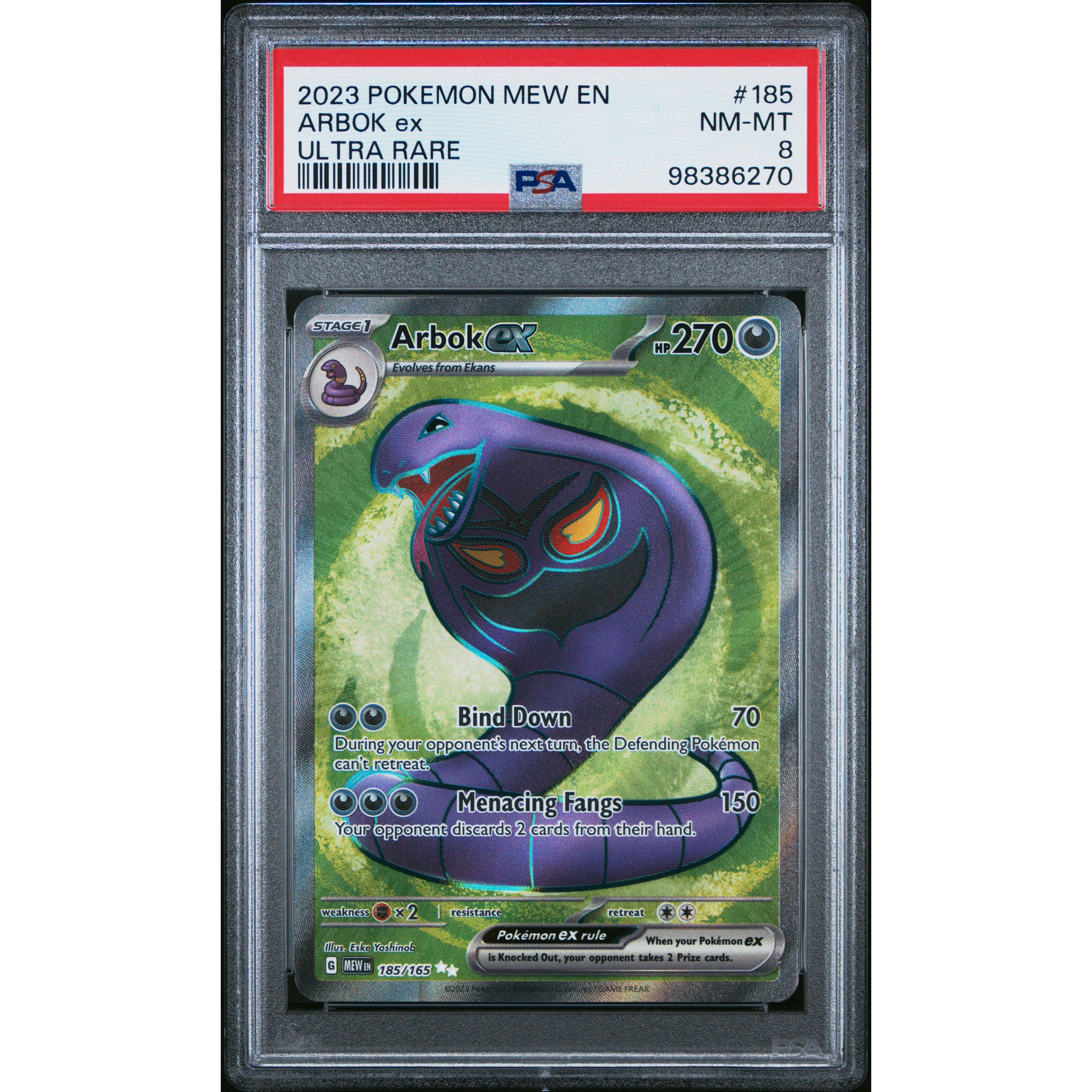 2023 Pokemon 151 Arbok 185/165 PSA 8 Graded Trading Card - Rare Collectible for Pokemon TCG Players, Perfect for Display & Investment