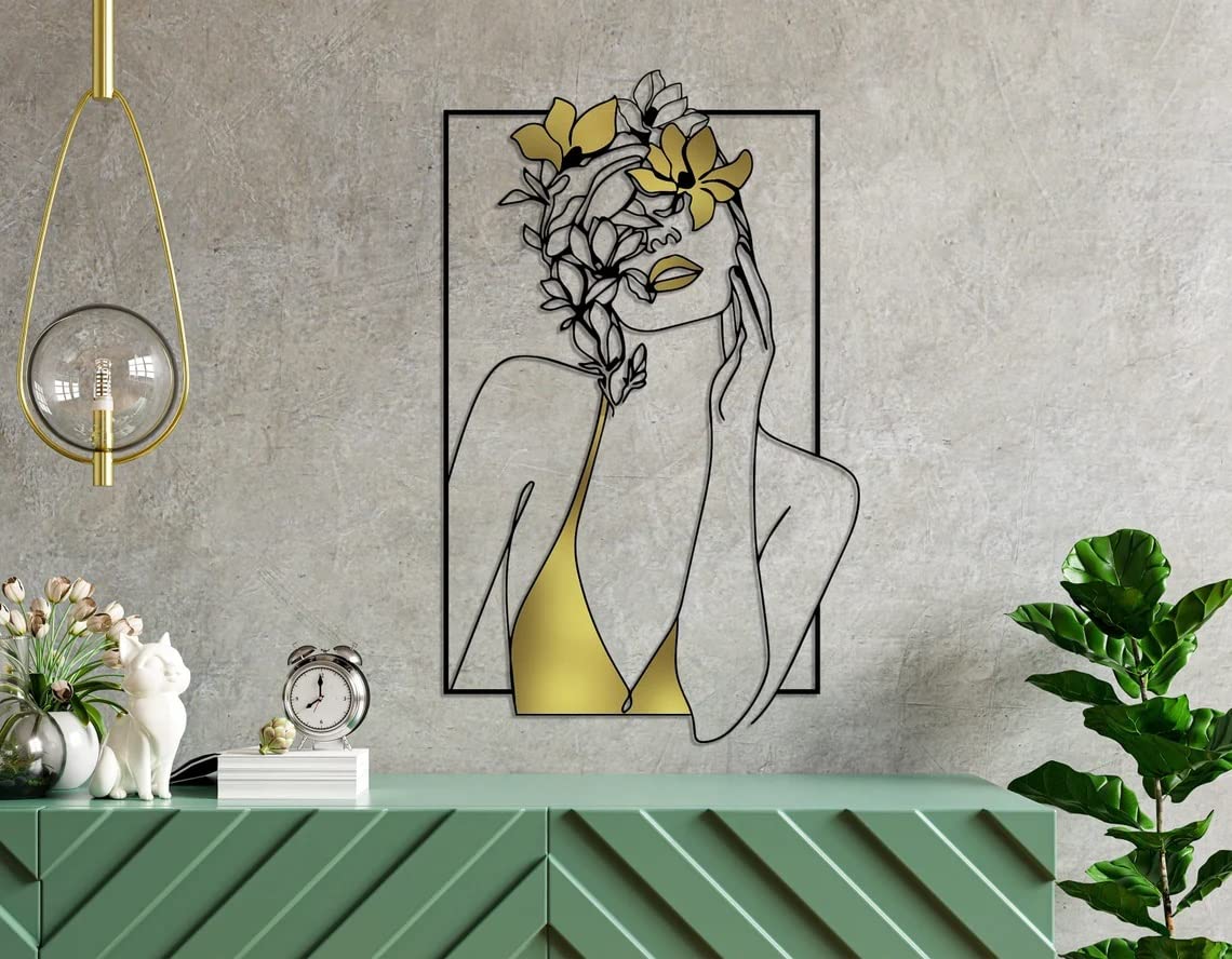 Abstract Black and Gold Metal Wall Art - One Line Woman Flower Design, Luxury Boho Decor for Bedroom, Modern Minimalist Home Decoration (22.4×14.6 Inch) - Perfect Gift for Women, Housewarming & Wedding Present