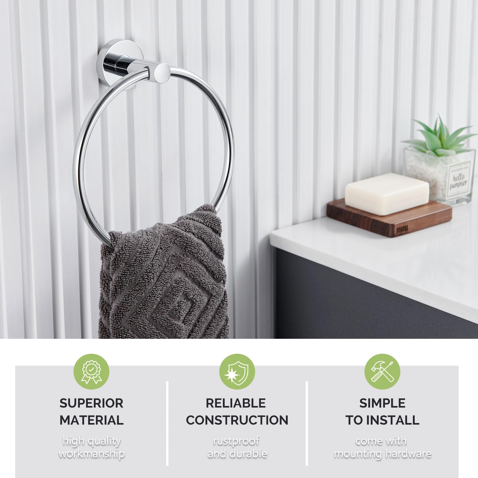 Stainless Steel Wall Mounted Bath Towel Ring Holder - Heavy Duty Chrome Angle Towel Hanger for Bathroom, Kitchen & Spa - Rustproof Round Hand Towel Rack with Easy Installation