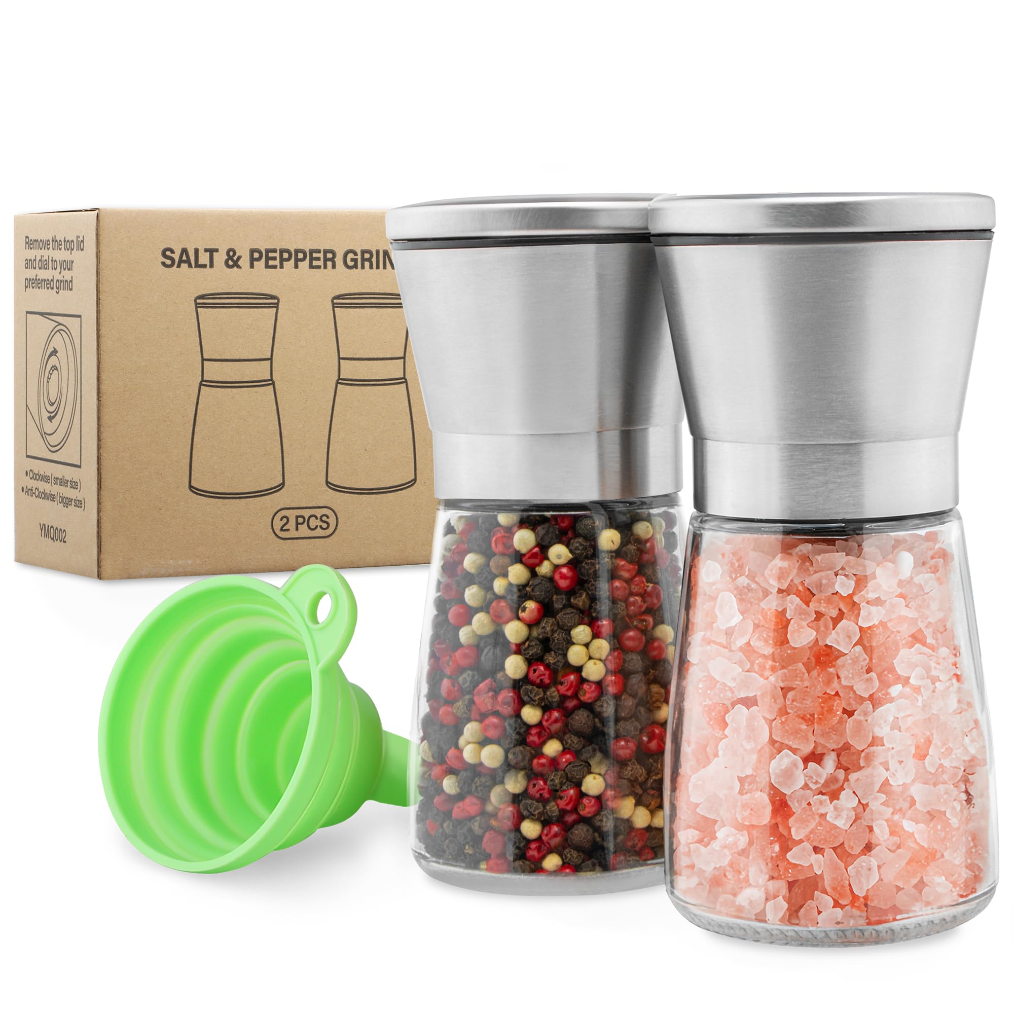 Premium Stainless Steel Salt and Pepper Grinder Set - Adjustable Coarseness, Refillable Glass Body - Compact Kitchen Essential for Cooking, Dining & Gifting (2 Pack) - Perfect for Restaurants, Home Kitchens & Dinner Parties