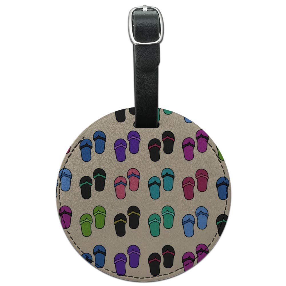 Colorful Flip Flops Sand Pattern Round Leather Luggage Tag - Durable ID Card Holder for Travel Bags, Suitcases & Backpacks | Perfect for Vacation, Beach Trips & Airport Identification