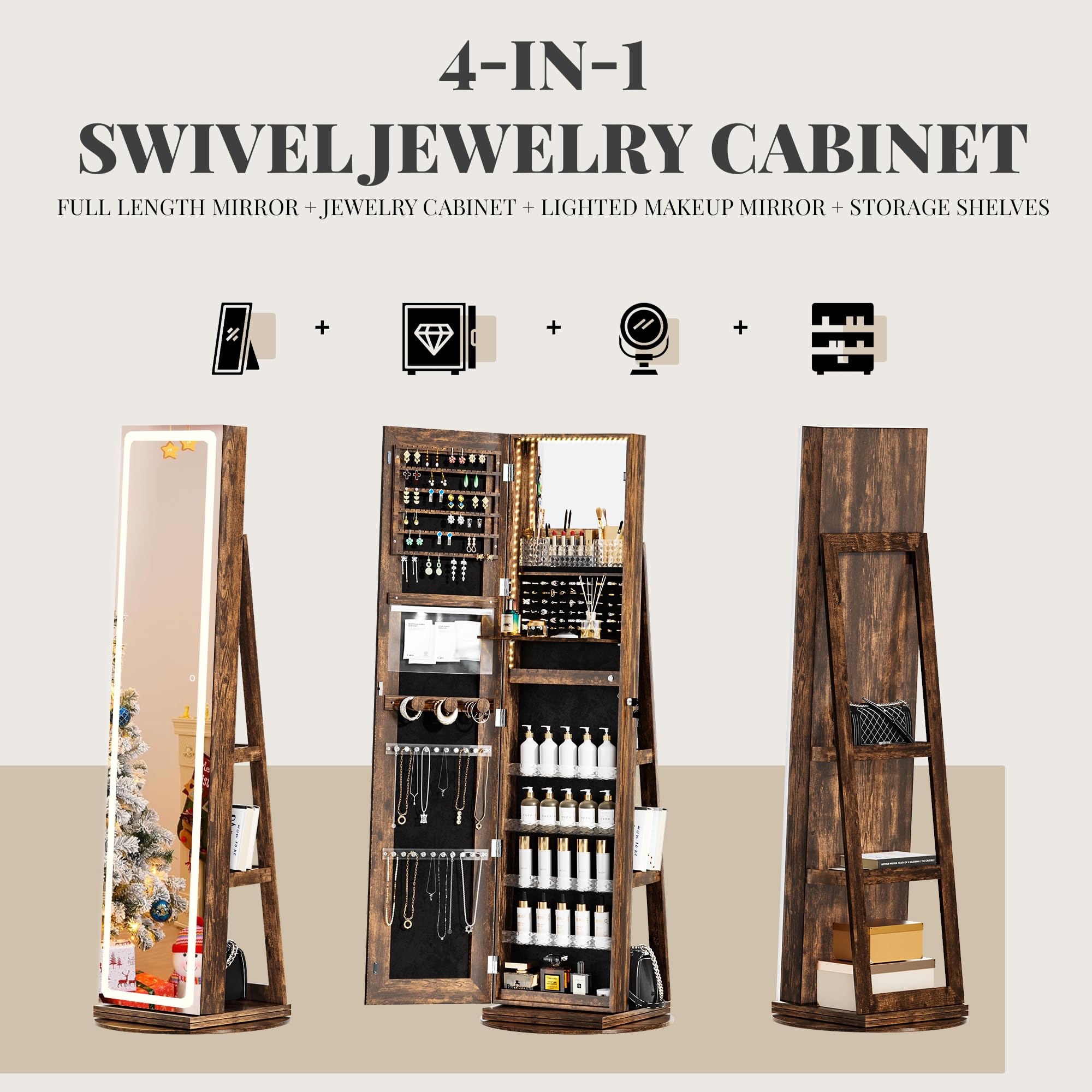 360° Swivel LED Jewelry Armoire with Full-Length Mirror & Adjustable Lighting - Rustic Brown Standing Jewelry Cabinet Organizer for Bedroom, Dressing Room & Closet Storage