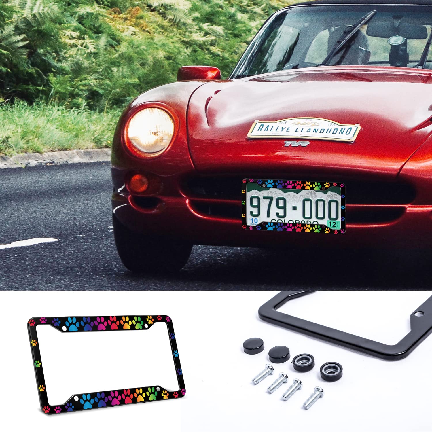 2PC Rainbow Paws License Plate Frames - Printed Car Plates with 4 Holes & Screws for Animal Lovers - Perfect for Pet Owners, Car Enthusiasts & Gift Giving