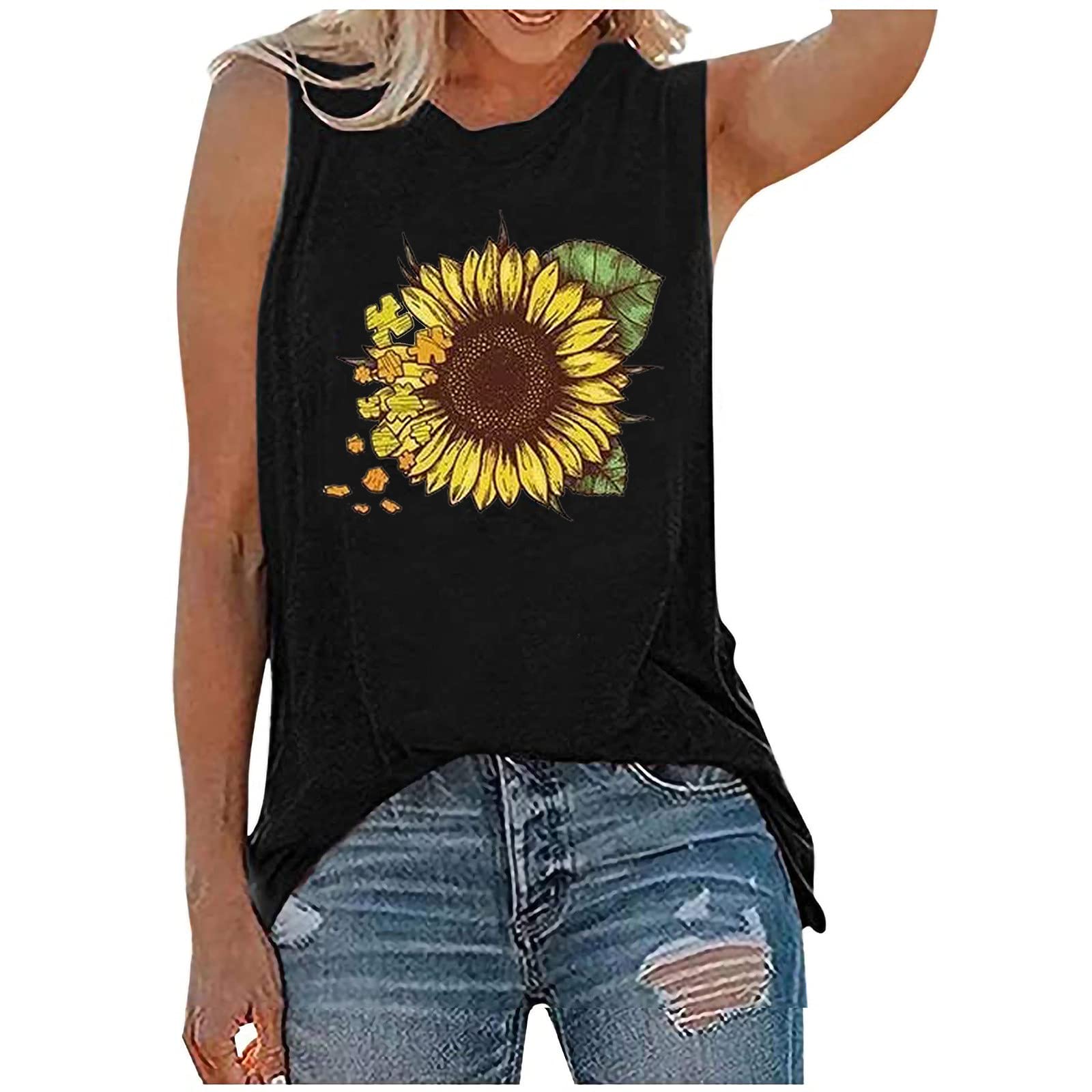 Sunflower Print Plus Size Tank Tops for Women - Breathable Summer Workout Tops & Casual Wear - Perfect for Gym, Yoga, Beach & Everyday Outfits