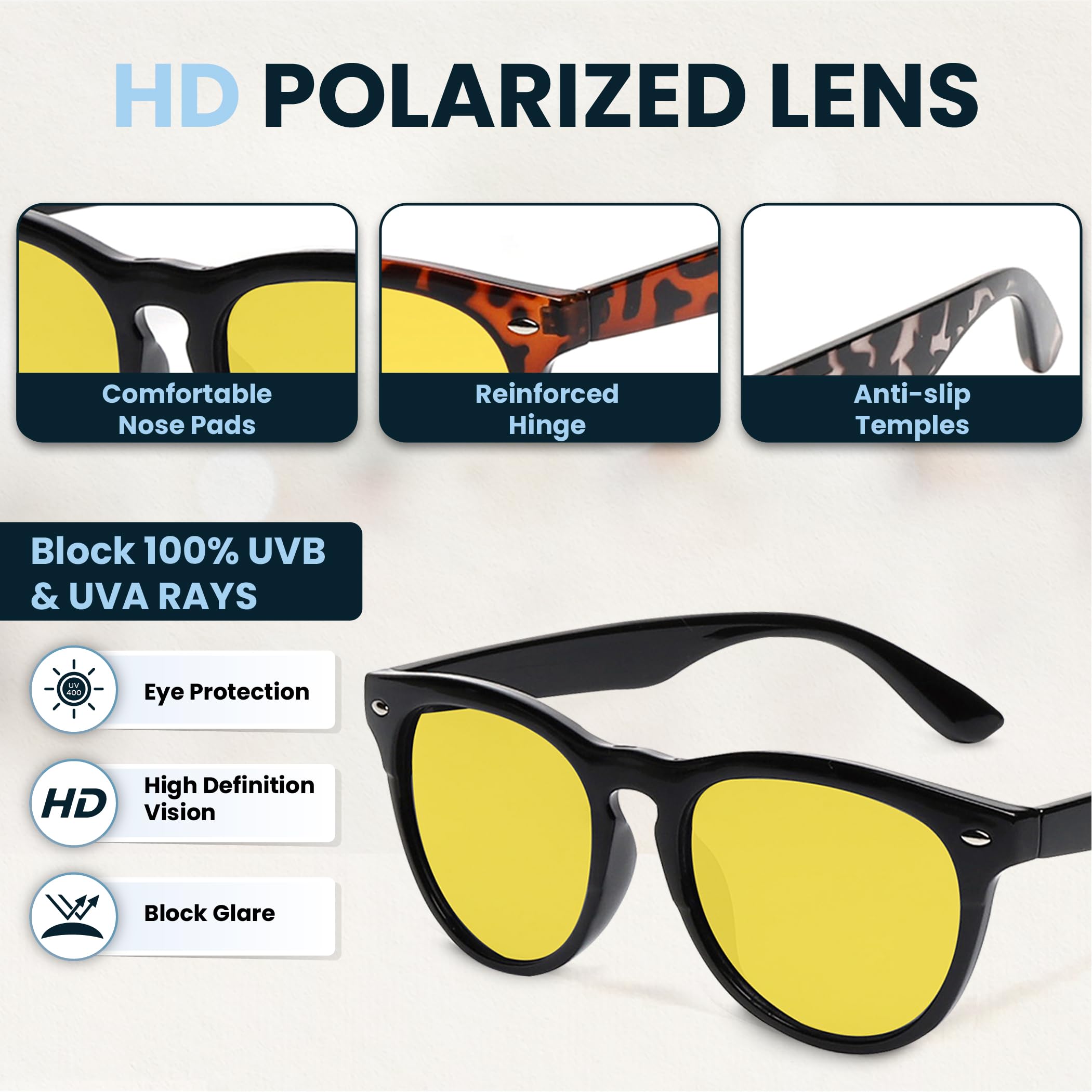 Night Vision Driving Glasses - Anti Glare Polarized Yellow Lens Sunglasses for Men & Women - Perfect for Night Driving, Cycling & Low Light Conditions