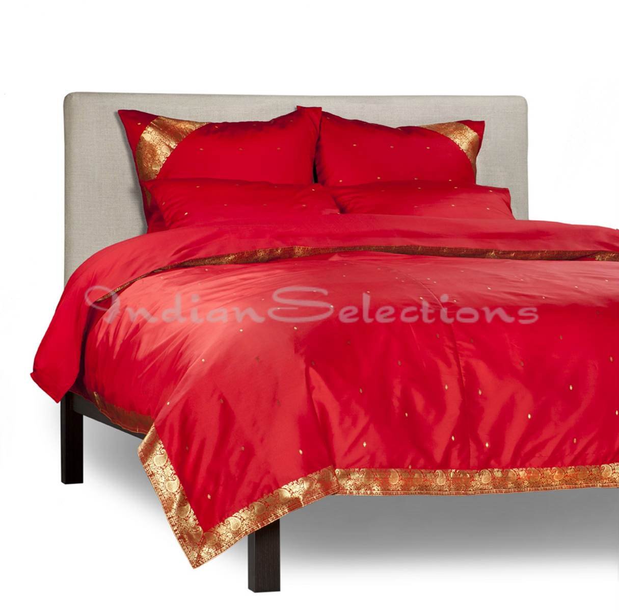 Handmade Sari Duvet Cover Set - 5 Piece Fire Brick Red Bedding with Pillow Covers & Euro Sham for Full Size Bed - Perfect for Bohemian, Indian, or Eclectic Home Decor