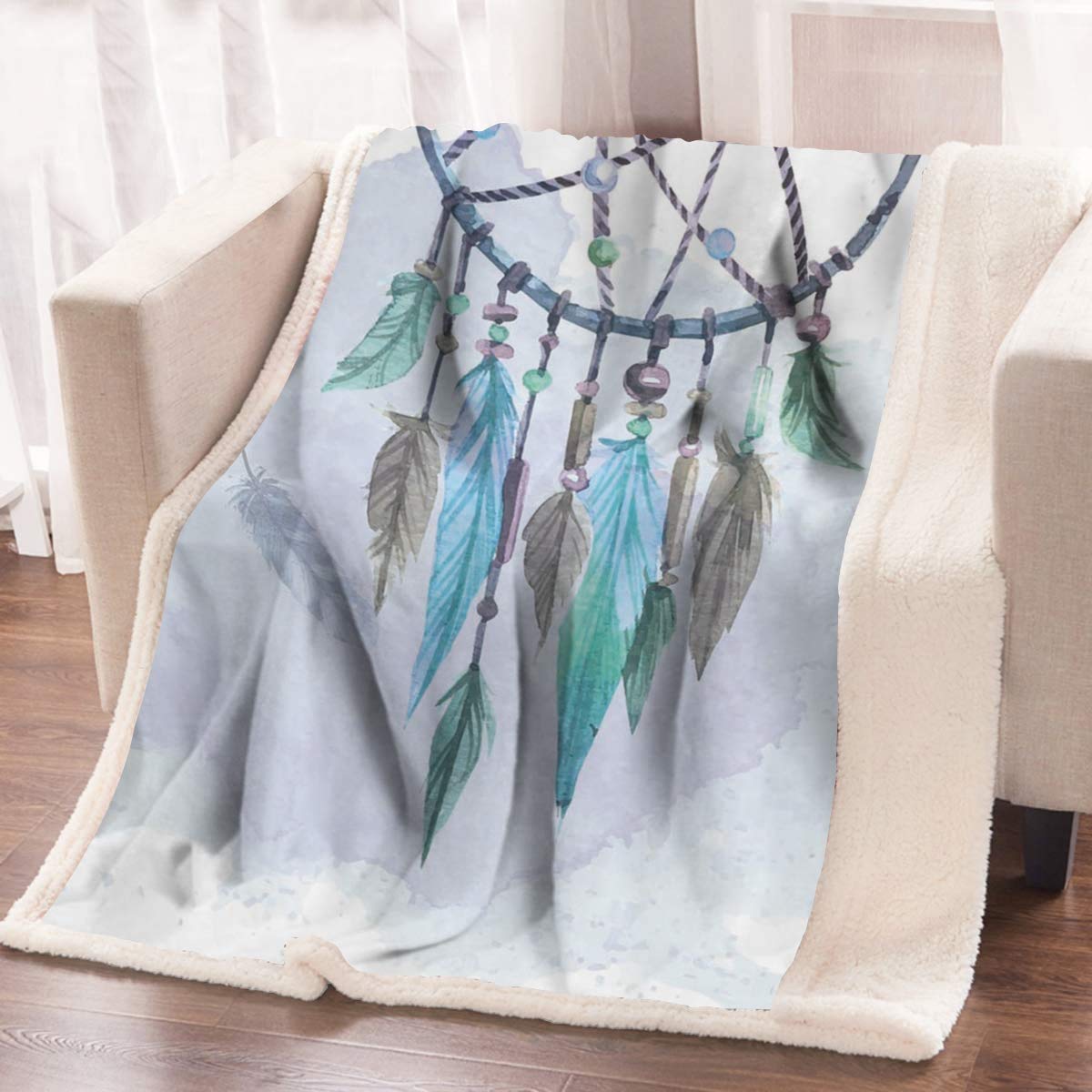 ARIGHTEX Boho Chic Fleece Blanket - King Size 108x90 Inches - Soft Sherpa Dream Catcher Throw with Watercolor Feather Design - Perfect for Bed, Sofa, and Home Decor