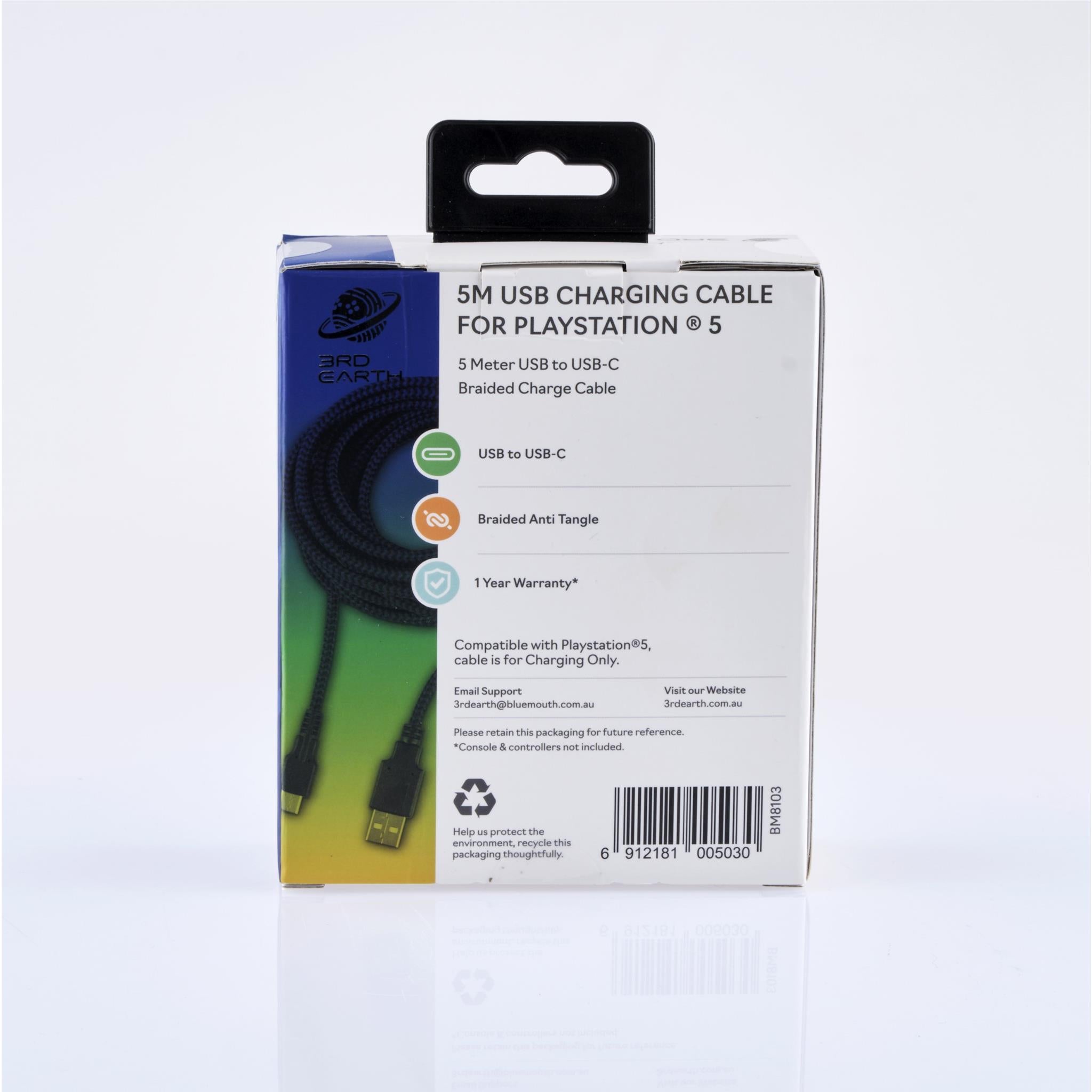3rd Earth 5M/16.4ft USB-C to USB-A Charging Cable for PlayStation 5™ - Fast Charging & Data Sync Cord for PS5 Controller, Gaming Accessories & More - Perfect for Long-Distance Gaming Sessions & Home Entertainment Setups