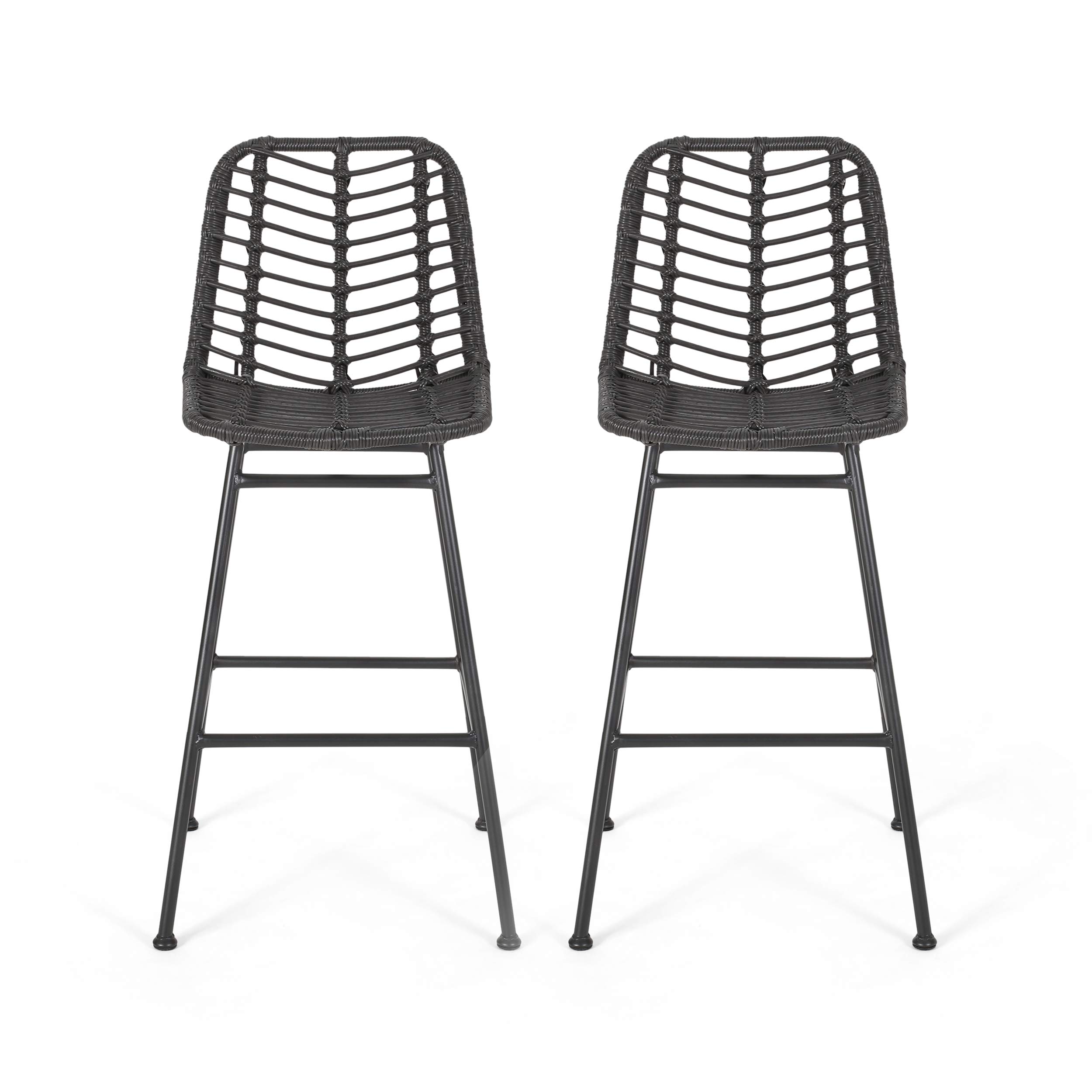 Premium Outdoor Wicker Bar Stools Set of 2 - Gray & Black Weather-Resistant Patio Furniture for Backyard, Poolside & Garden Seating