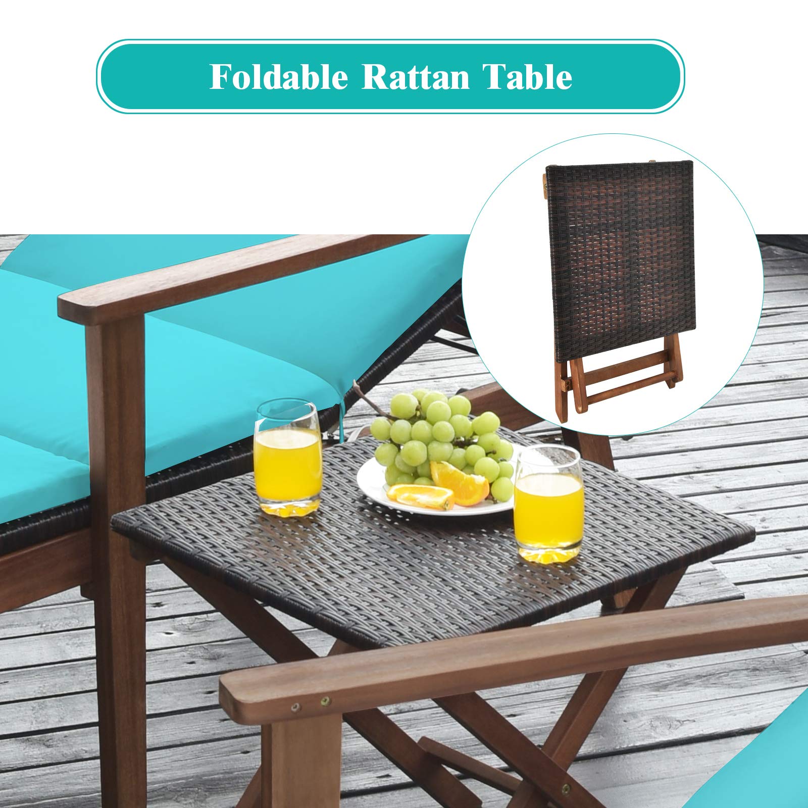 Tangkula 3-Piece Patio Chaise Lounge Set - Acacia Wood Outdoor Reclining Chairs with Adjustable Back (4 Positions), Folding Side Table & Cushions - Rattan Furniture for Poolside, Backyard, Garden, or Beach (Turquoise)
