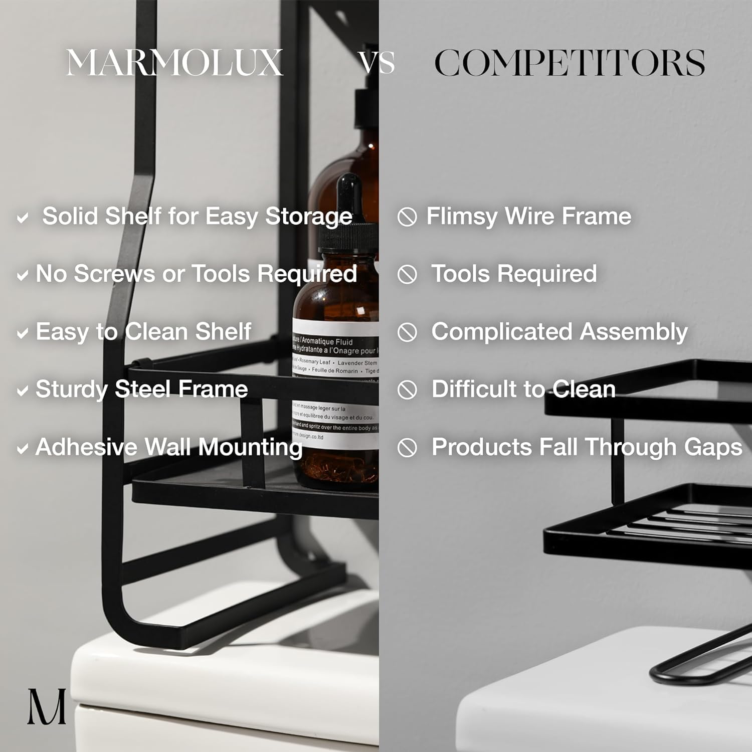 Marmolux Double Over Toilet Storage Shelf - No Screw Assembly Bathroom Organizer with Space Saving Design - Black Marble Finish - Perfect for Small Bathrooms and Apartment Living