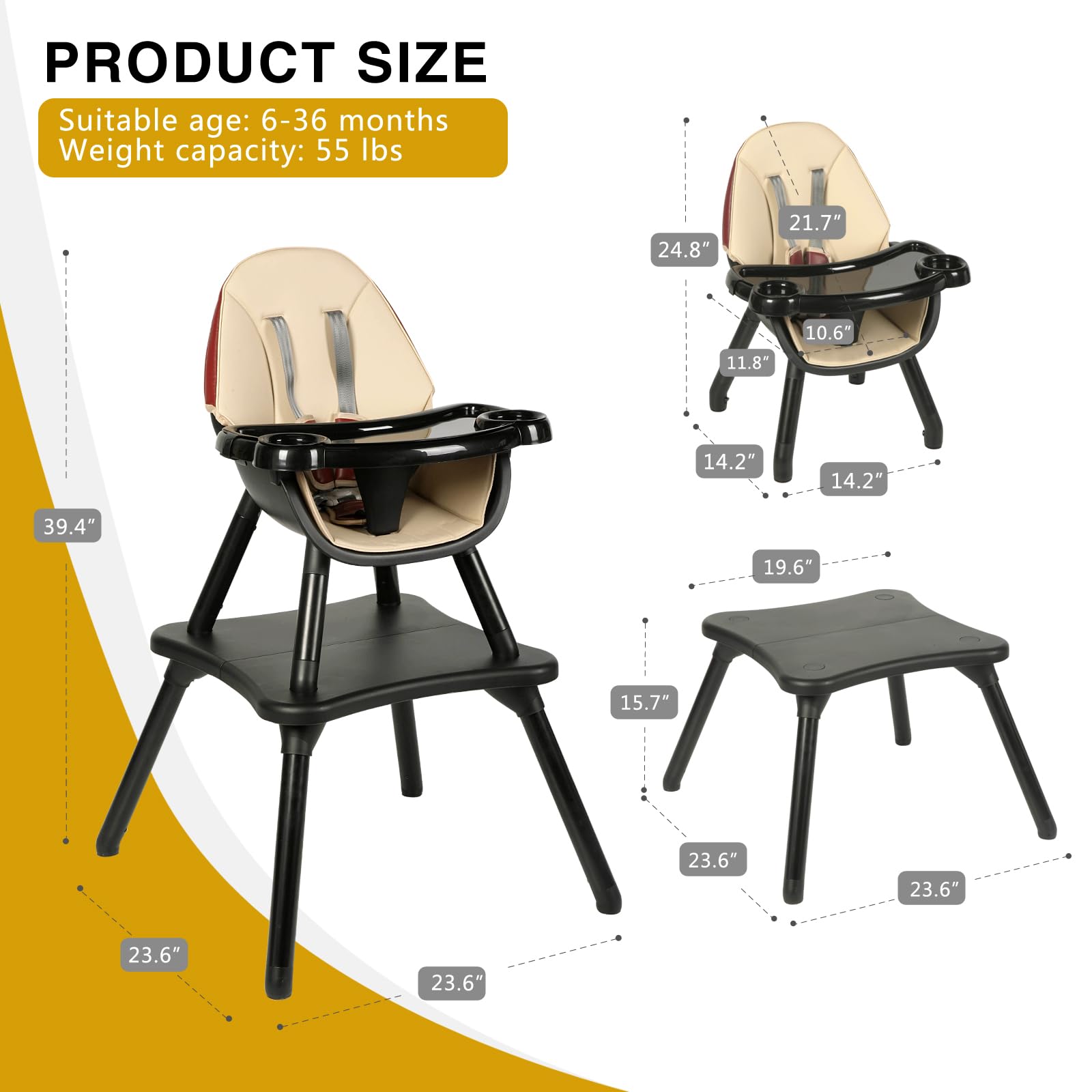 Gofirst 6-in-1 Convertible Baby High Chair with 5-Point Harness - Toddler Booster Seat, Feeding Chair & Table Set - Adjustable 4-Position Removable Tray & PU Cushion - Perfect for Dining, Weaning & Playtime