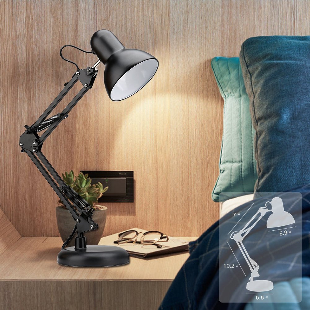 Powerking Swing Arm LED Desk Lamp - Adjustable Architect Task Light with Clamp, Classic Black Desk Lamp for Home, Dorm & Office (Bulb Not Included) | Perfect for Reading, Studying & Workspace Lighting