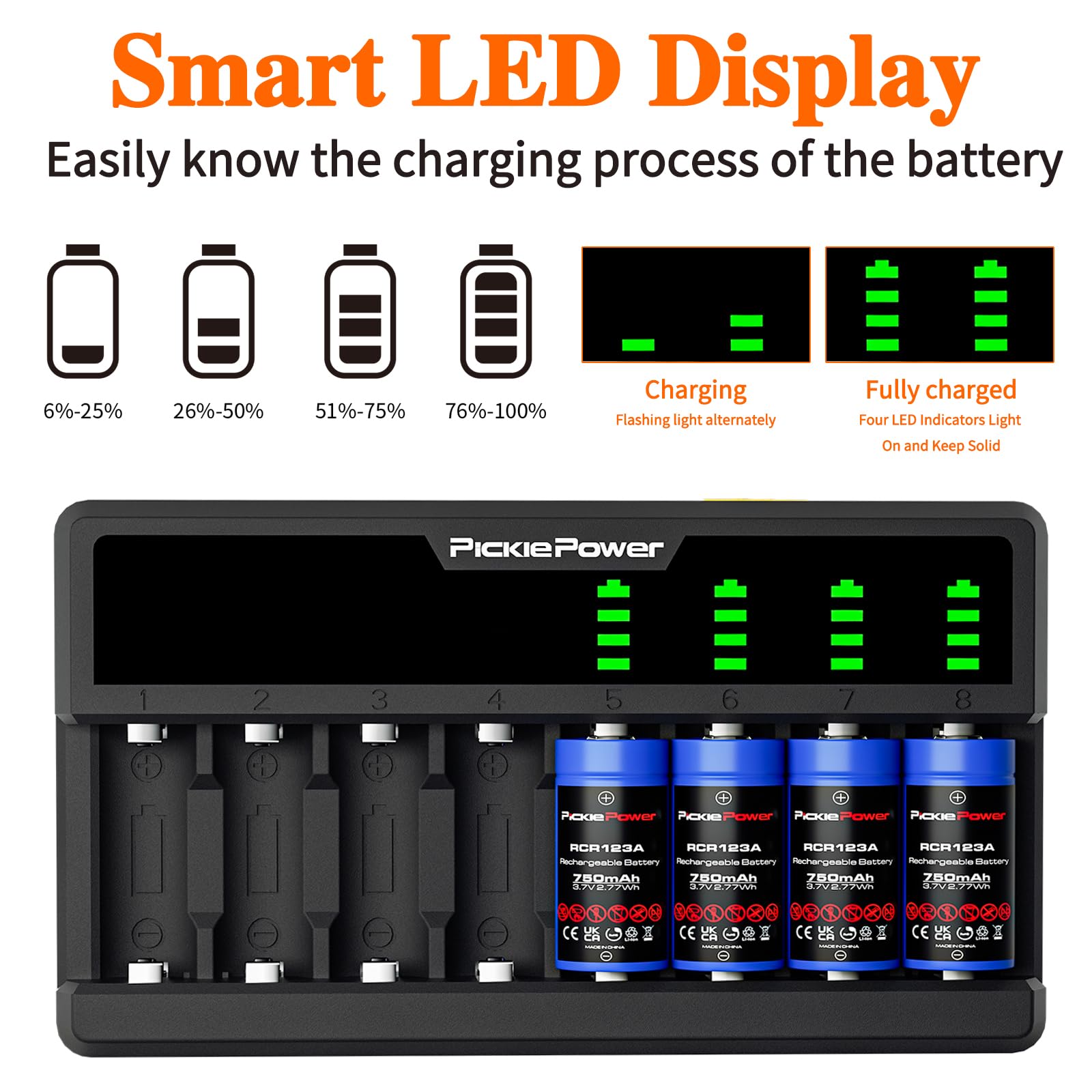 Arlo Battery Charger for 123A Rechargeable Batteries - 8 Bay LED Display Charger Compatible with Arlo VMC3030 VMK3200 VMS3330 3430 3530 Cameras (Batteries Not Included) - Perfect for Home Security Camera System Charging