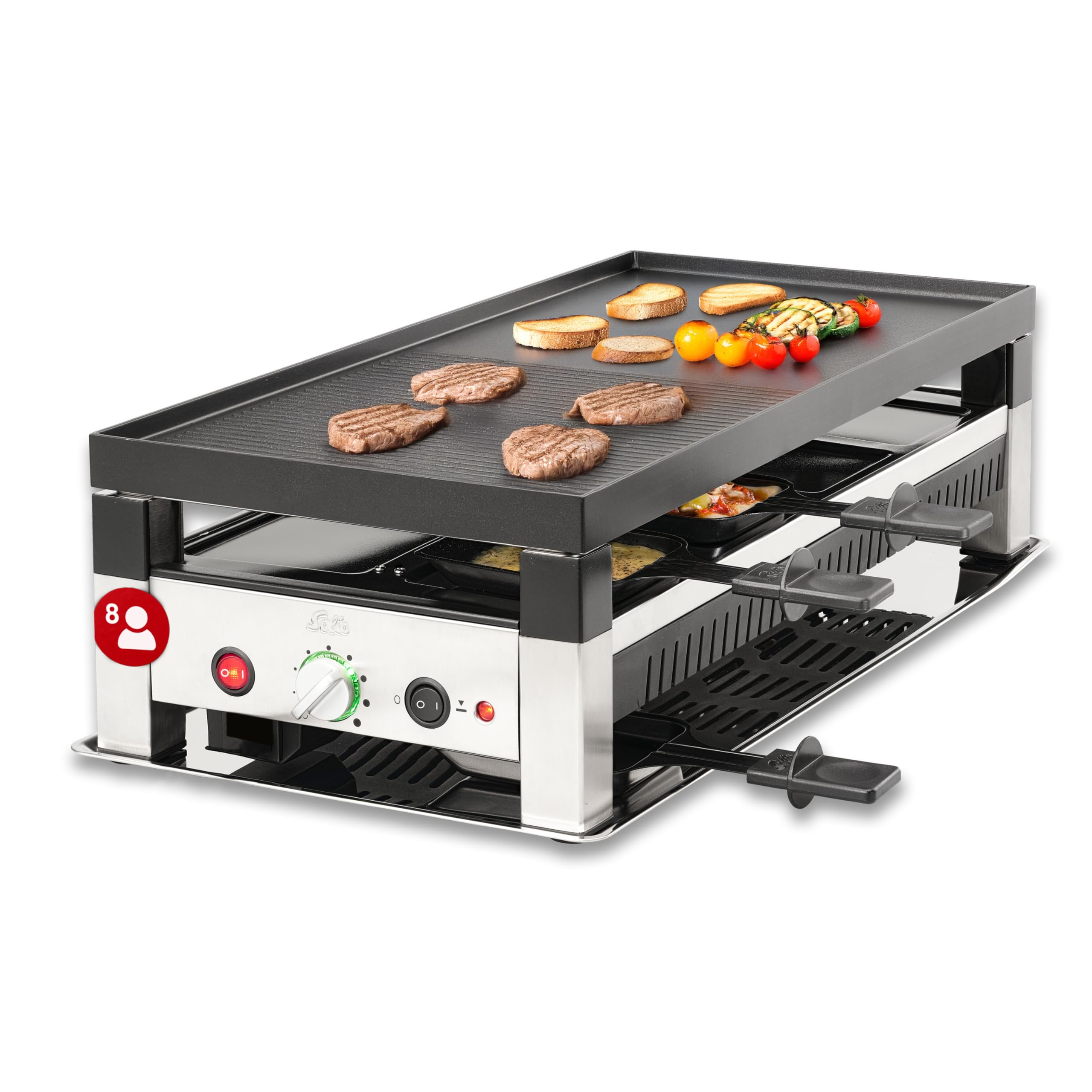 Solis 5-in-1 Electric Table Grill - Electric Raclette, Tabletop Grill, Mini Wok, Mini Pizza & Pancake Maker - 1400W for 8 People - Perfect for Family Gatherings, Parties & Indoor BBQs