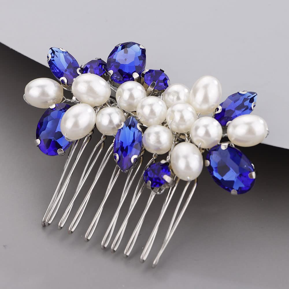 Chargances Blue Rhinestone Pearl Wedding Hair Comb – Handmade Bridal Hair Accessory for Bride & Bridesmaids, Crystal Side Comb for Women & Girls, Prom & Special Occasions