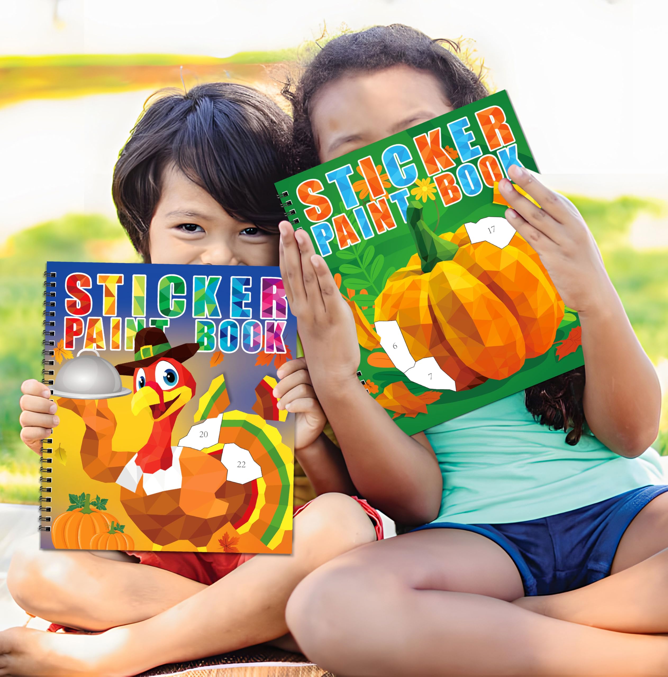 90Shine 2PCS Thanksgiving Sticker Activity Books for Kids Ages 4-8 - Fall Turkey Pumpkin Harvest Craft Kits with 22 DIY Scenes - Perfect for Classroom Party Gifts & Holiday Family Bonding Activities
