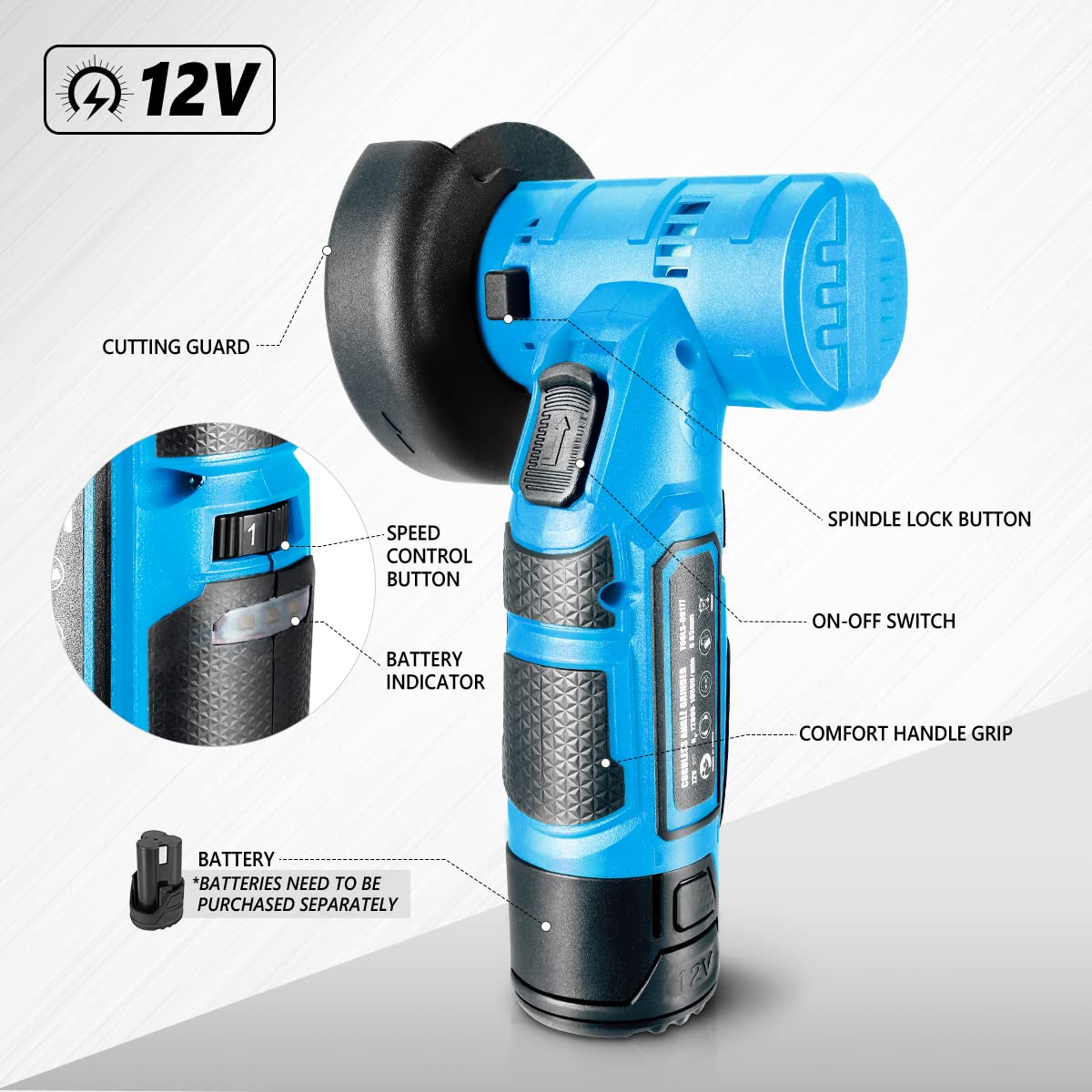 DNA MOTORING 12V Cordless Angle Grinder - Variable Speed with Spindle Lock, Dry Cutting & Rough Grinding Power Tool (Blue, Battery Not Included) - Perfect for Metalworking, Wood Carving & DIY Home Projects