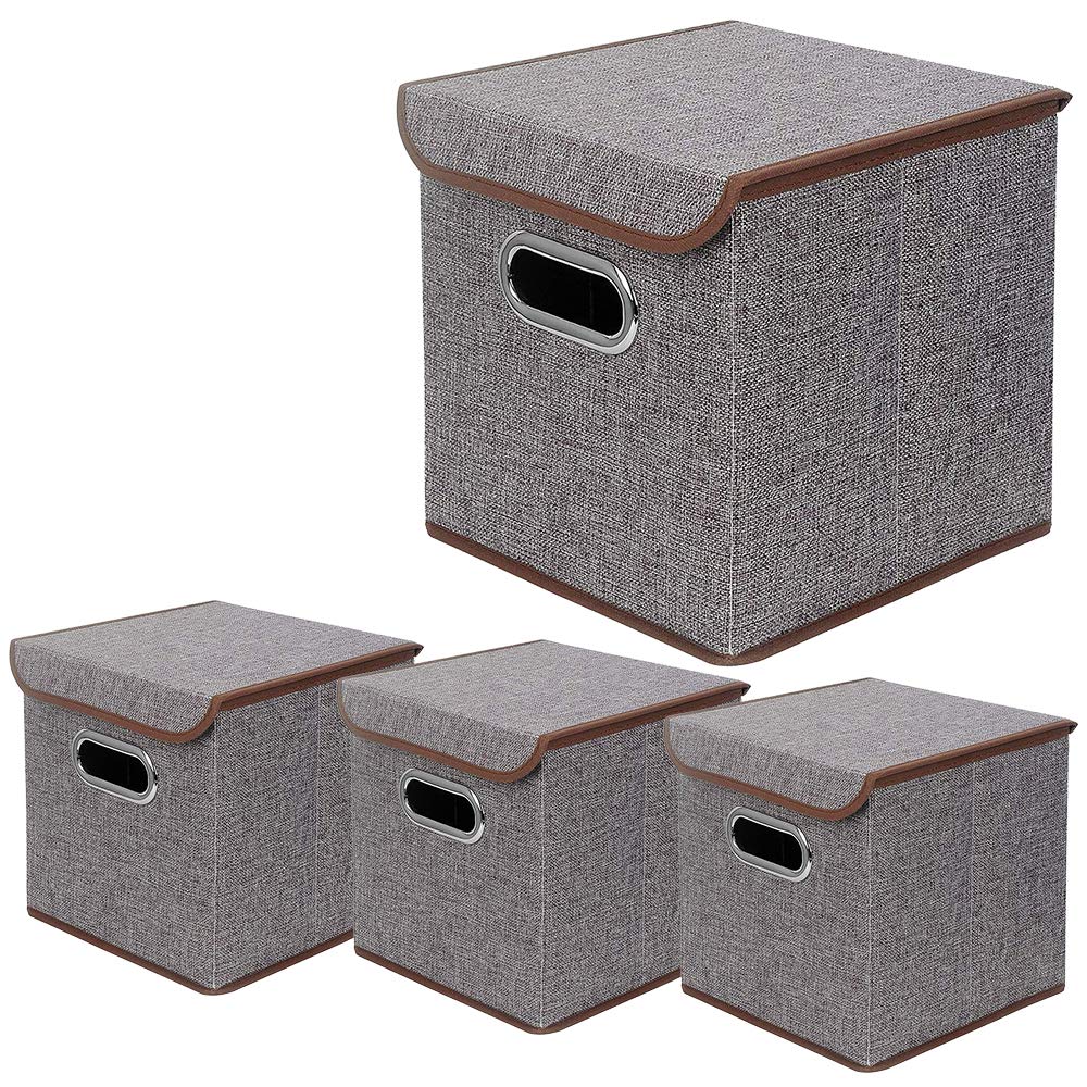 4-Pack Foldable Linen Fabric Storage Bins with Lids - 10