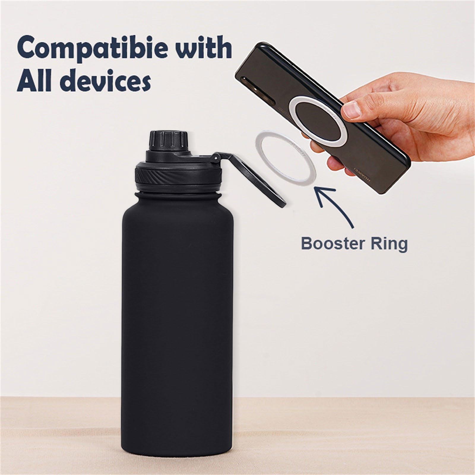 Premium Stainless Steel Insulated Water Bottle with Magnetic Phone Tripod Mount - 24oz Vacuum Flask with Adjustable Phone Holder & Leakproof Lid - Perfect for Gym, Hiking, Camping & Outdoor Activities (Black)
