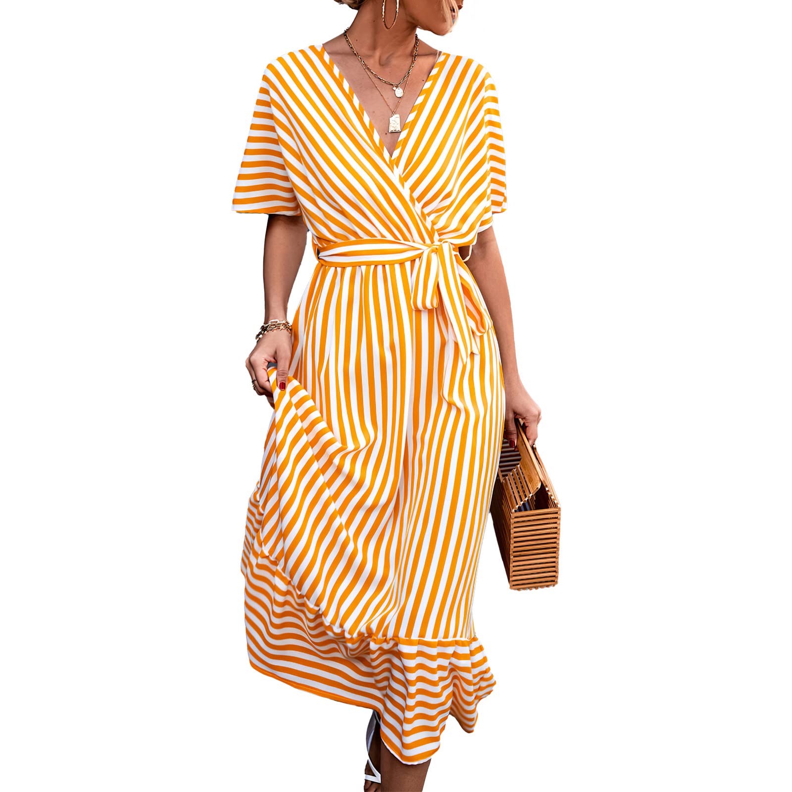 **Pantete Women's V-Neck Striped Midi Dress - Short Sleeve, Tie Waist, Loose Fit - Casual Summer Dress for Beach, Office & Date Night**
