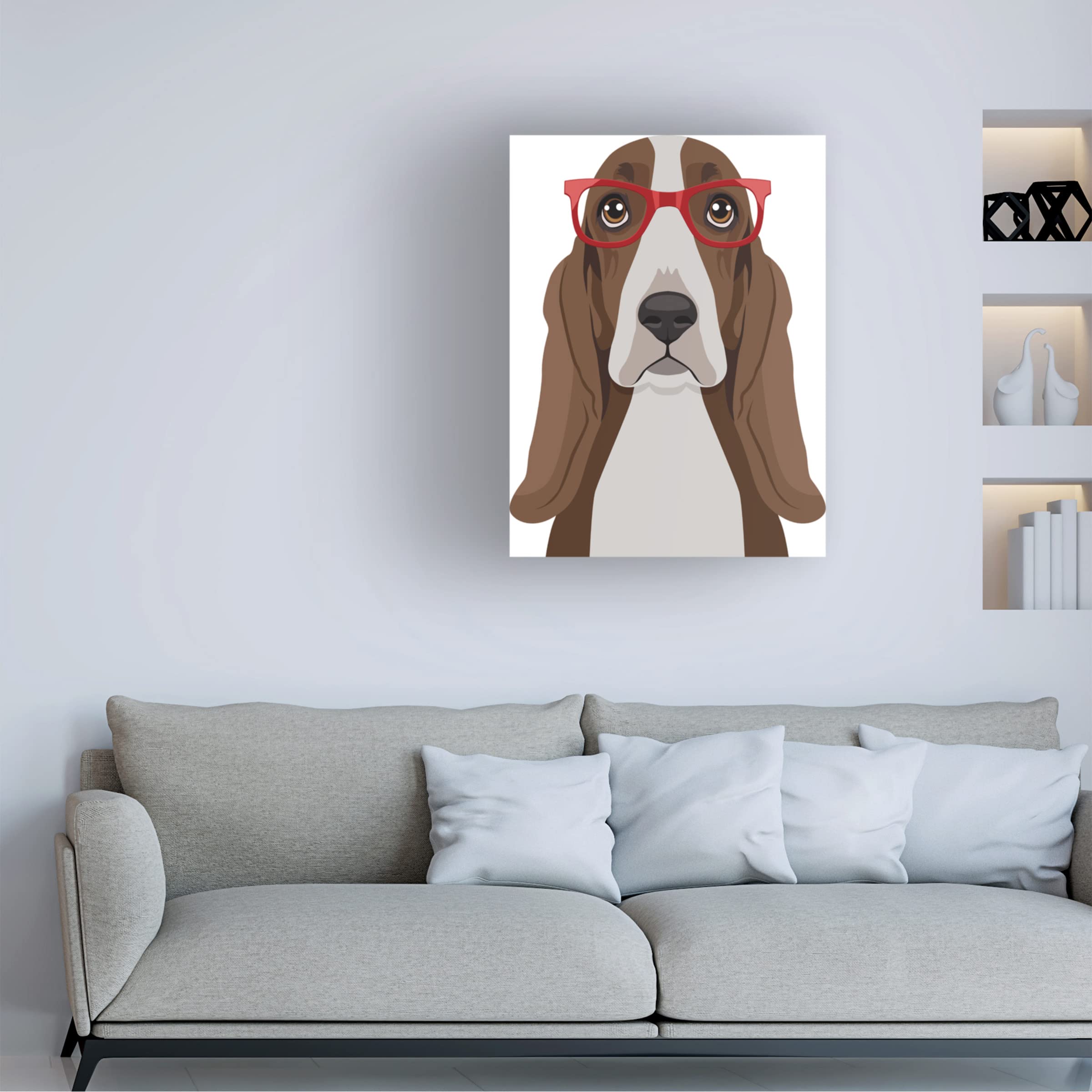 Basset Hound Wearing Hipster Glasses Canvas Wall Art - Modern Dog Portrait Painting for Living Room, Bedroom & Office Decor - Funny Pet Gift for Dog Lovers