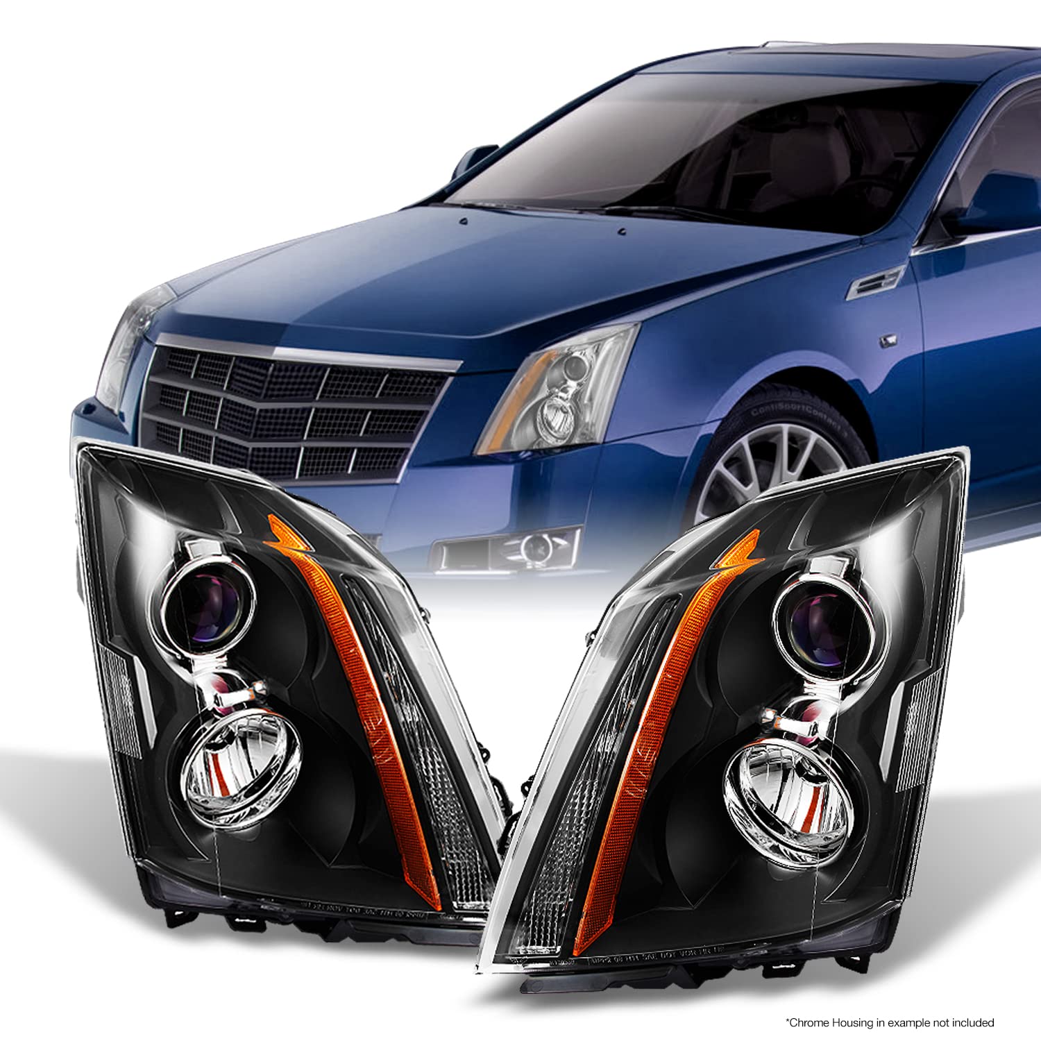 AKKON Replacement Halogen Projector Headlights for Cadillac CTS & CTS-V - Left & Right Driver Passenger Side Lamps (Black) - OE Fit, Enhanced Night Driving Safety