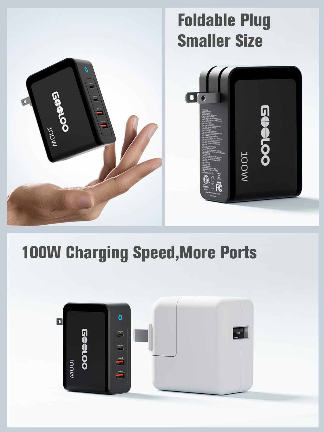 Gooloo 100W USB C Charger Block, 4-Port Fast Wall Charger for MacBook Pro/Air, iPad, iPhone, Samsung Galaxy - Compact Foldable Design - SuperSafe Power Adapter for Gooloo GT4000S/GT3000 Jump Starters - Perfect for Travel, Office & Home Charging Station