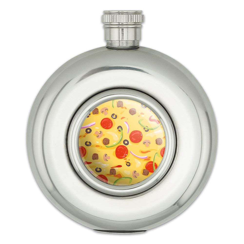 Stainless Steel 5oz Hip Flask with Pizza Design - Pepperoni, Olives & Onions Pattern | Perfect for Outdoor Adventures, Parties & Gifts