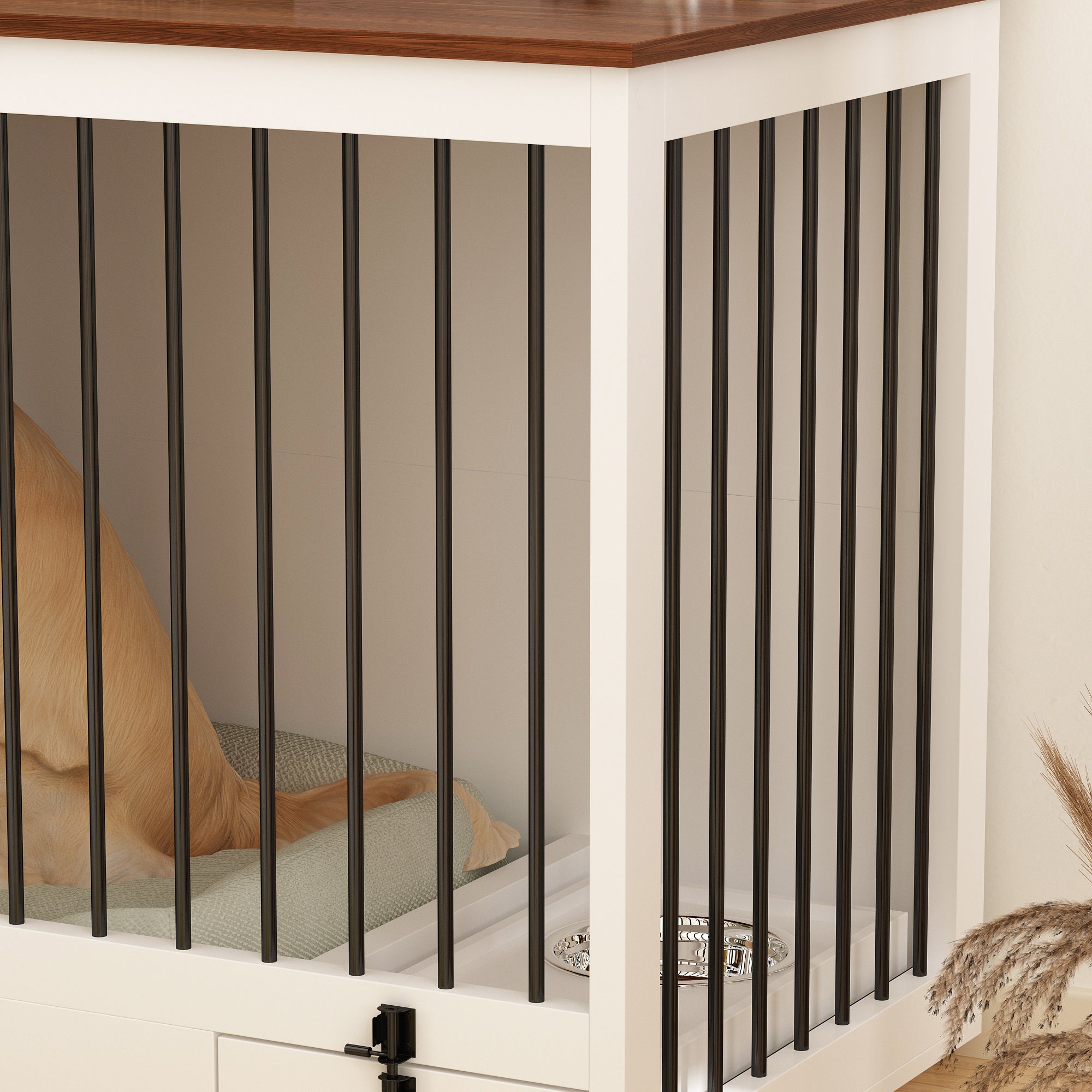Stylish Large Dog Crate Furniture with Removable Bowls & Adjustable Divider - Perfect for Home, Office & Travel Pet Containment