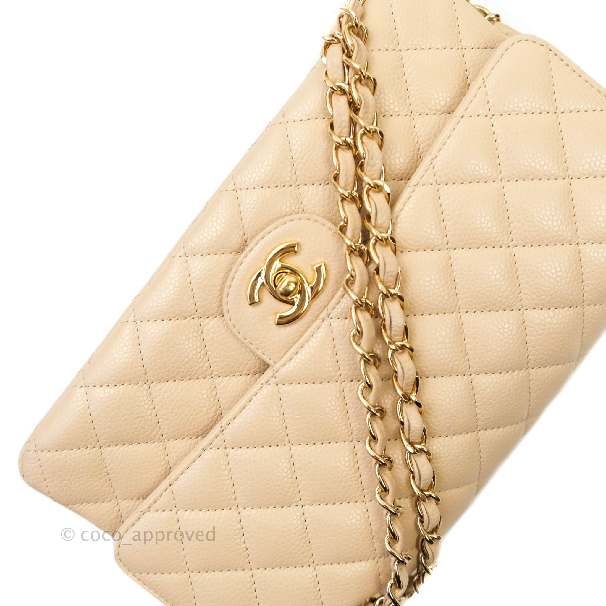 Chanel Classic M/L Medium Double Flap Bag in Beige Caviar Leather with Gold Hardware - Luxury Handbag for Women, Perfect for Work, Date Night & Special Occasions