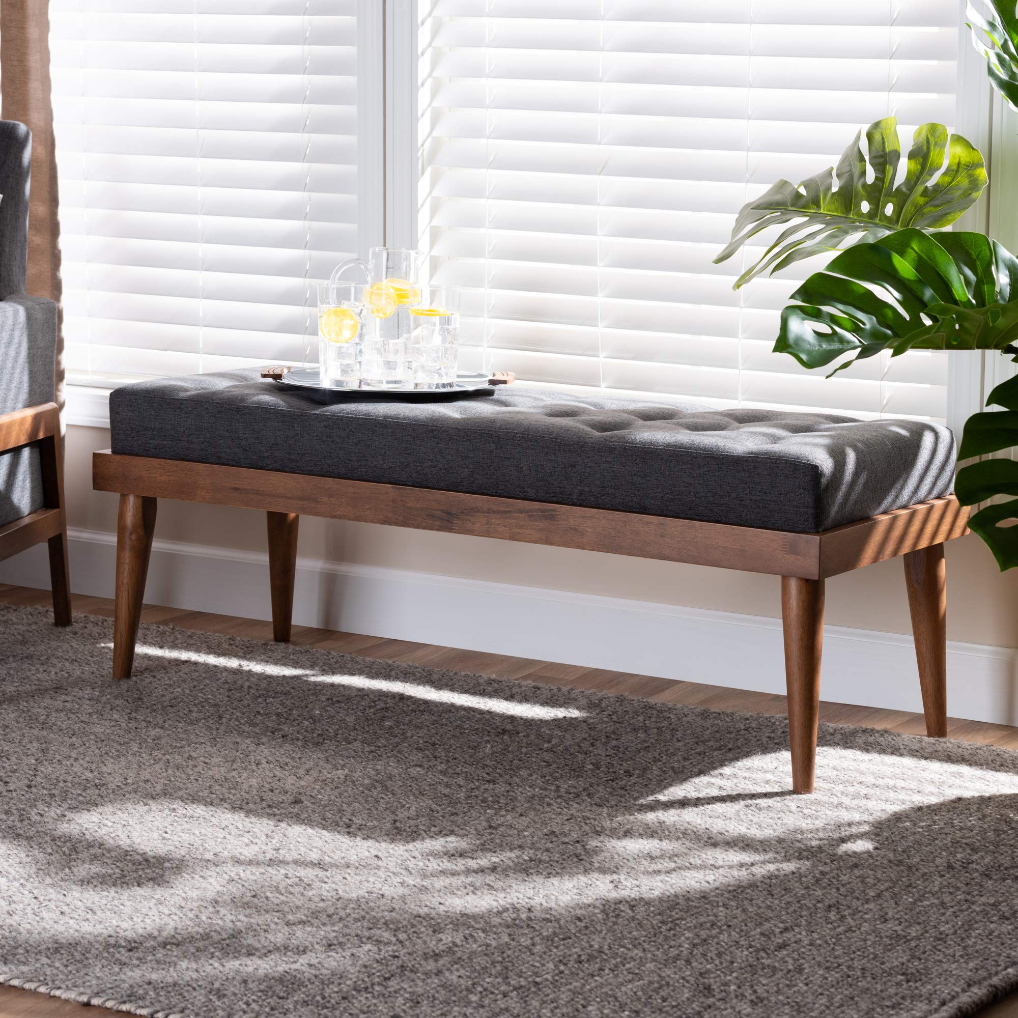Baxton Studio Modern Wooden Bench with Upholstered Seat - Charcoal Fabric & Walnut Finish - Perfect for Entryway, Bedroom, or Living Room Seating