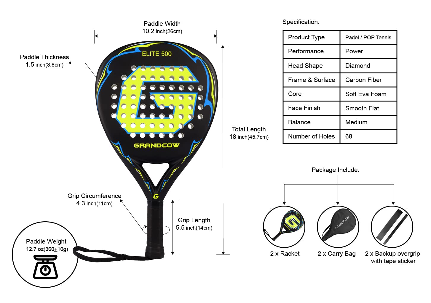 Carbon Fiber Padel Tennis Racket with EVA Memory Flex Foam Core - Diamond Shape POP Design for Enhanced Control & Power | Perfect for Padel Tennis, Beach Tennis & Recreational Play