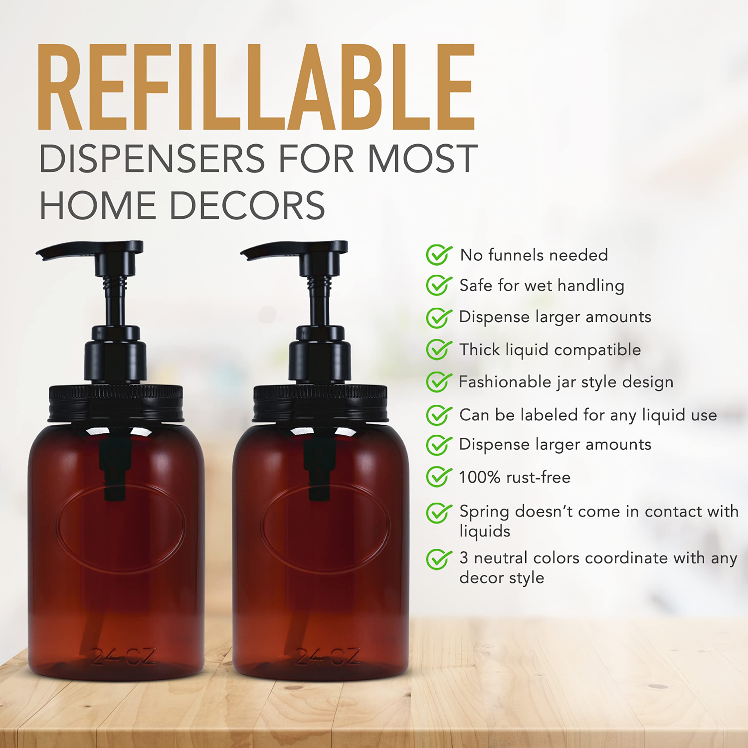 Bottiful Home - Set of 4 Amber 24oz Wide Mouth Plastic Refillable Pump Dispenser Bottles for Shampoo, Conditioner, Body Wash, Lotion & Dish Soap | Leak-Proof & Durable | Perfect for Bathroom, Kitchen & Laundry Organization