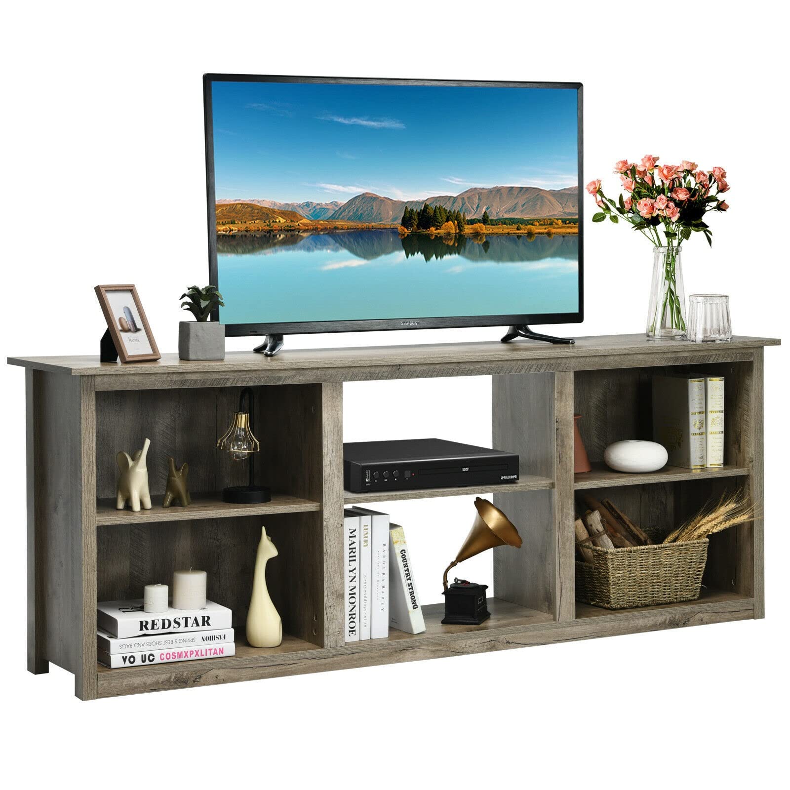 HUIJK 70 Inch TV Stand with 2-Tier Shelves, Entertainment Center for TVs Up to 75 Inches - Modern Grey Media Console for Living Room, Bedroom & Home Theater Setup
