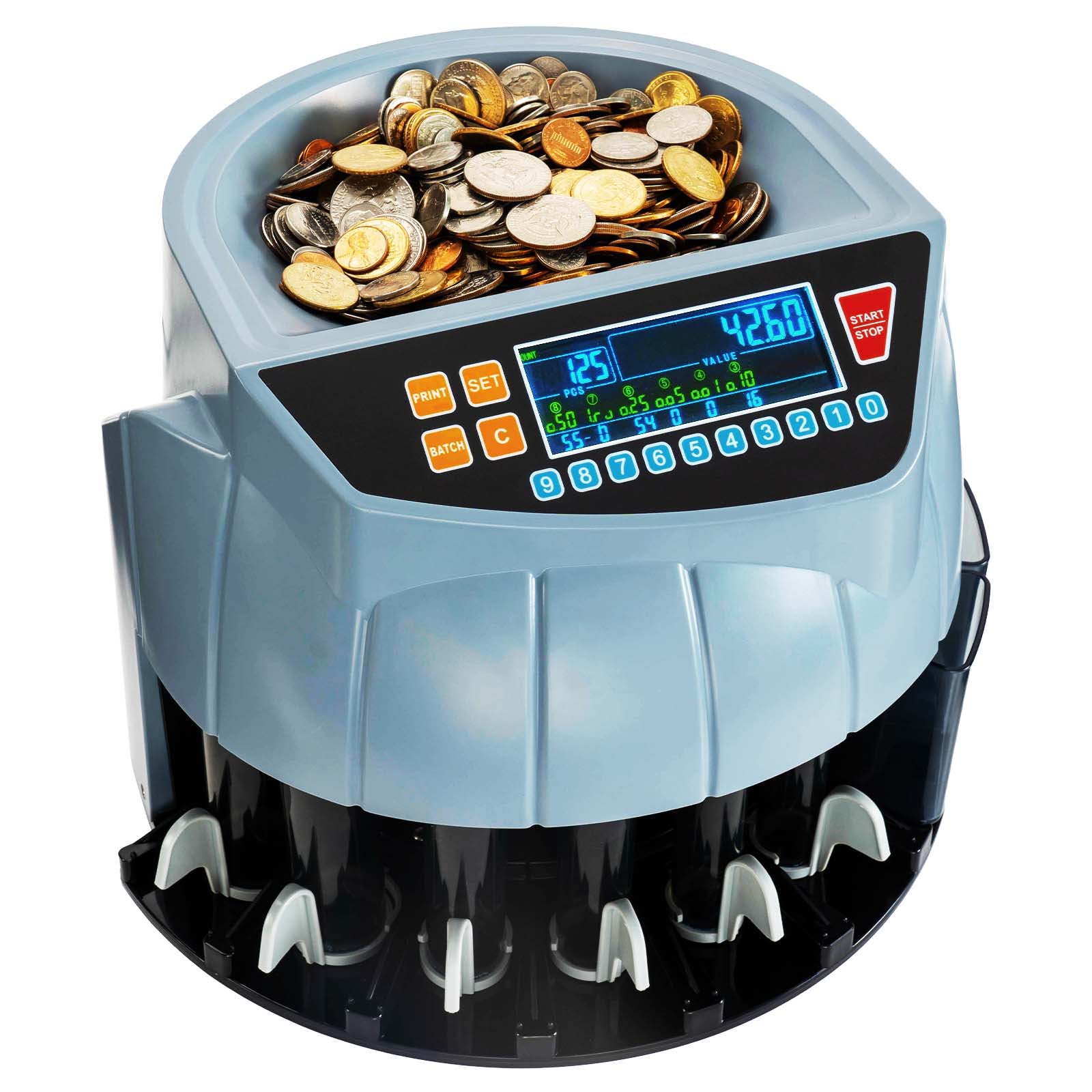 MUNBYN High-Speed Coin Counter and Sorter Machine - Counts 1¢, 5¢, 10¢, 25¢, 50¢ & Dollar Coins (250 Coins/Min) with 6 Sorting Bins | Compatible with Printer & Batch Mode | Perfect for Banks, Retail Stores, and Small Businesses