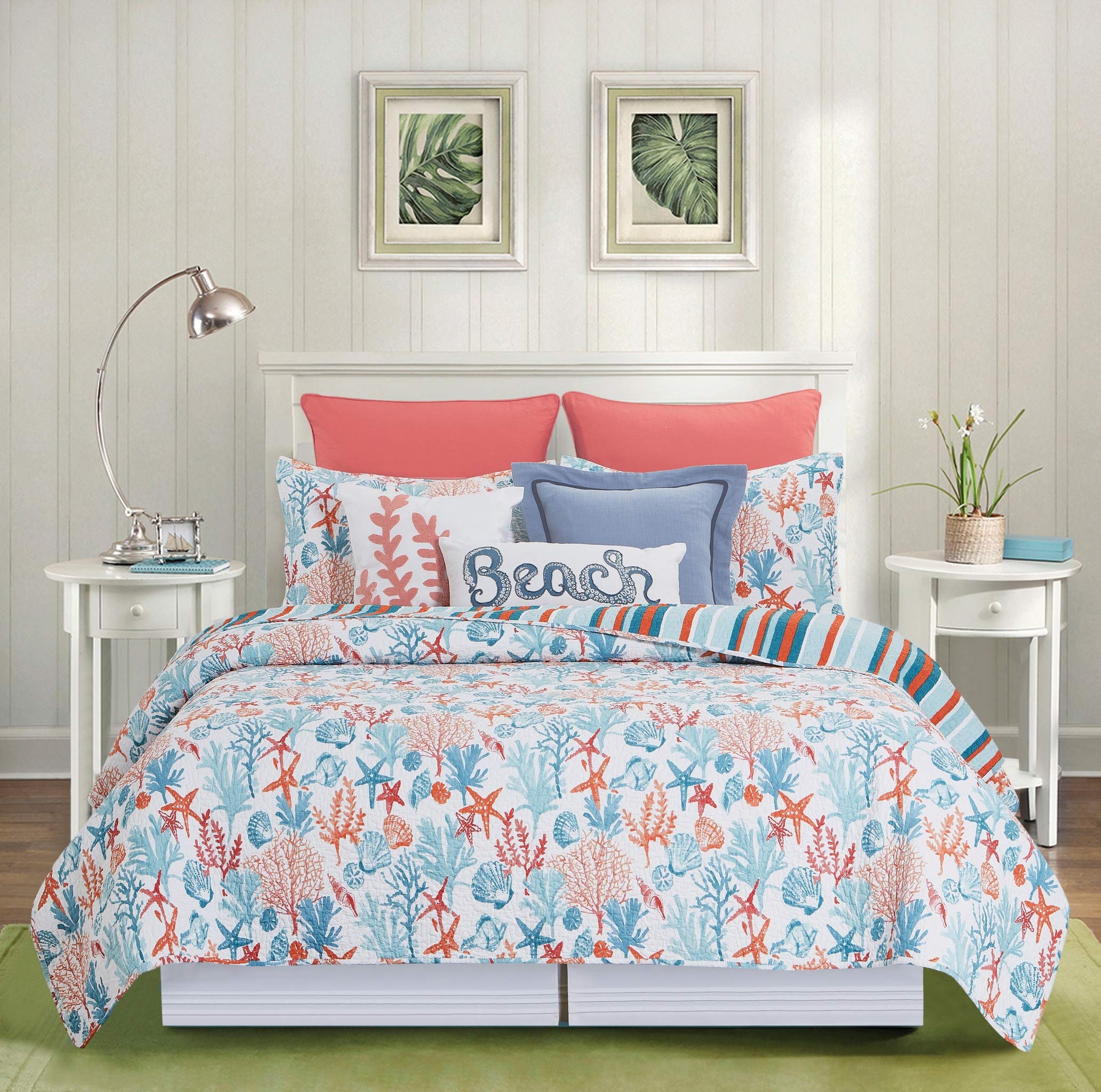 Reversible Coastal Tropical Stripe Quilt Set - Full/Queen 3-Piece Machine Washable Cotton Bedding in Orange & Blue | Beach House Decor, Guest Room & Summer Bedroom Upgrade