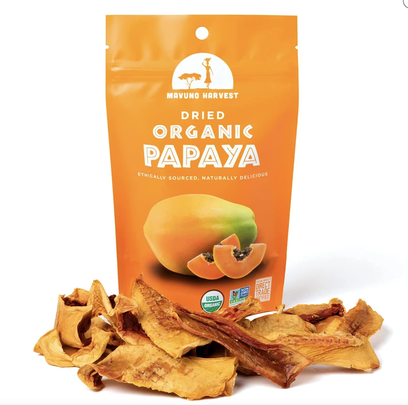 Organic Dried Papaya Slices by Mavuno Harvest | Gluten-Free, Vegan, Non-GMO Healthy Snack | No Sugar Added, 2oz Pack of 6 | Perfect for Lunchboxes, Hiking, Travel & On-the-Go Snacking