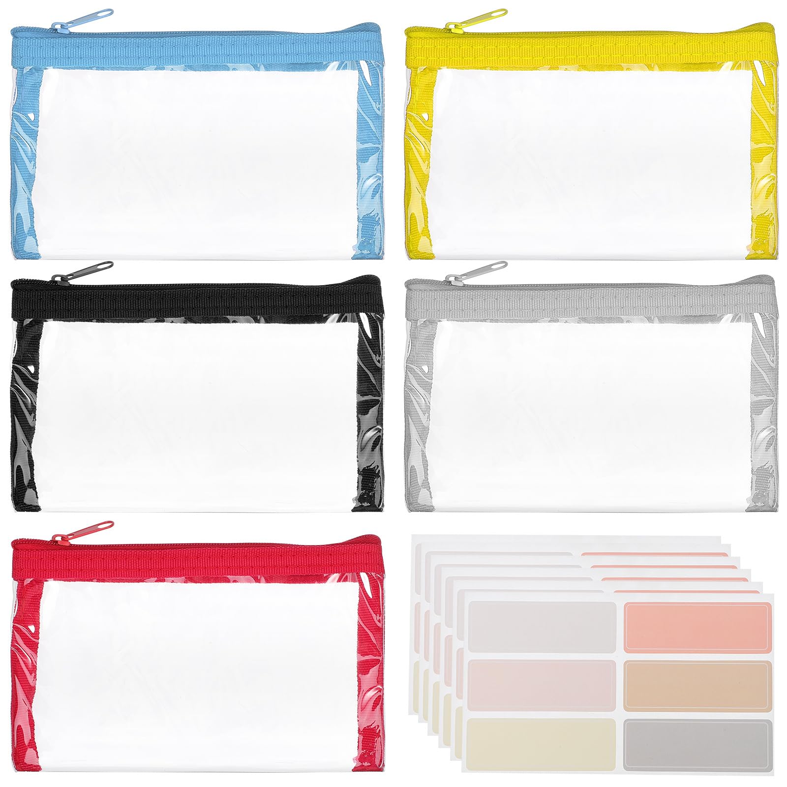 VALICLUD 5-Piece Clear Makeup Organizer Set - Transparent Cosmetic Bags, Toiletry Pouches & Pencil Cases with Label Stickers - Perfect for Travel, School, Office & Daily Essentials Storage