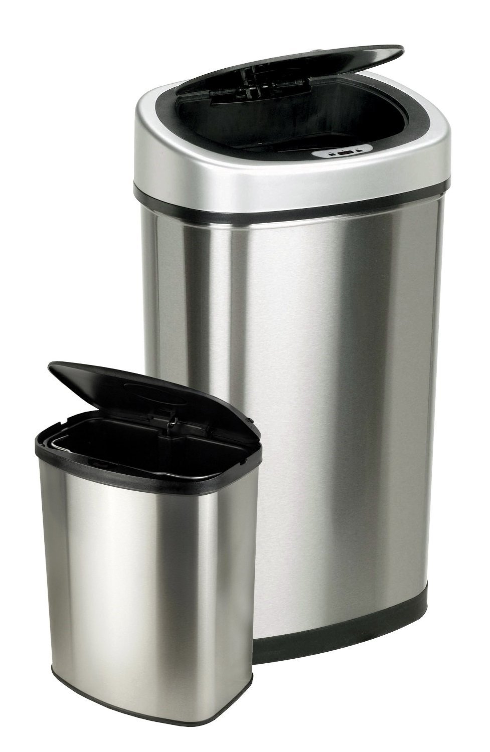 NINESTARS Automatic Touchless Infrared Motion Sensor Trash Can Combo Set - 13 Gal (50L) & 2 Gal (8L) Stainless Steel Base, Oval & Rectangular with Silver/Black Lid - Perfect for Kitchen, Bathroom & Office Waste Disposal
