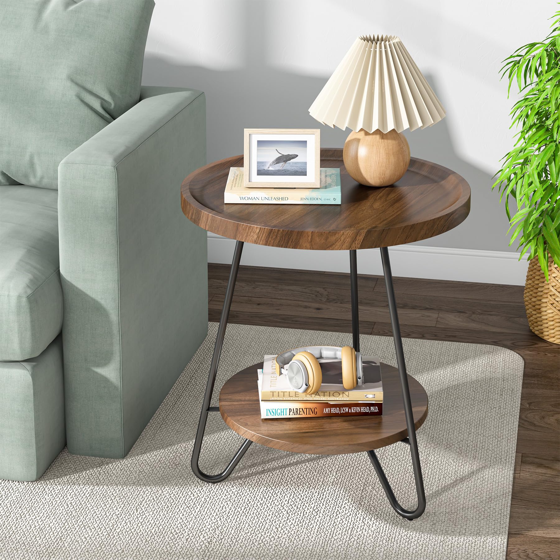 Tribesigns 2-Tier Round Side Table with Metal Legs - Modern Industrial End Table, Small Accent Table for Living Room, Bedroom, Office - Easy Assembly Brown Wood Finish - Perfect for Snacks, Drinks, Books & Plants in Compact Spaces