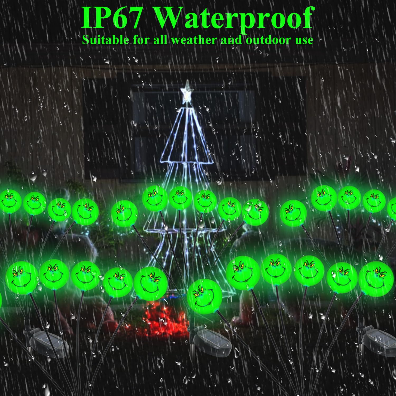 Upgraded 2-Pack Solar Grinch Christmas Decorations - 12 LED Swaying Firefly Lights for Outdoor Pathway, Garden, Patio & Yard - Waterproof Solar-Powered Grinchmas Decor for Holiday Lighting (Perfect for Christmas Party, Front Yard Display & Festive Nighttime Ambiance)
