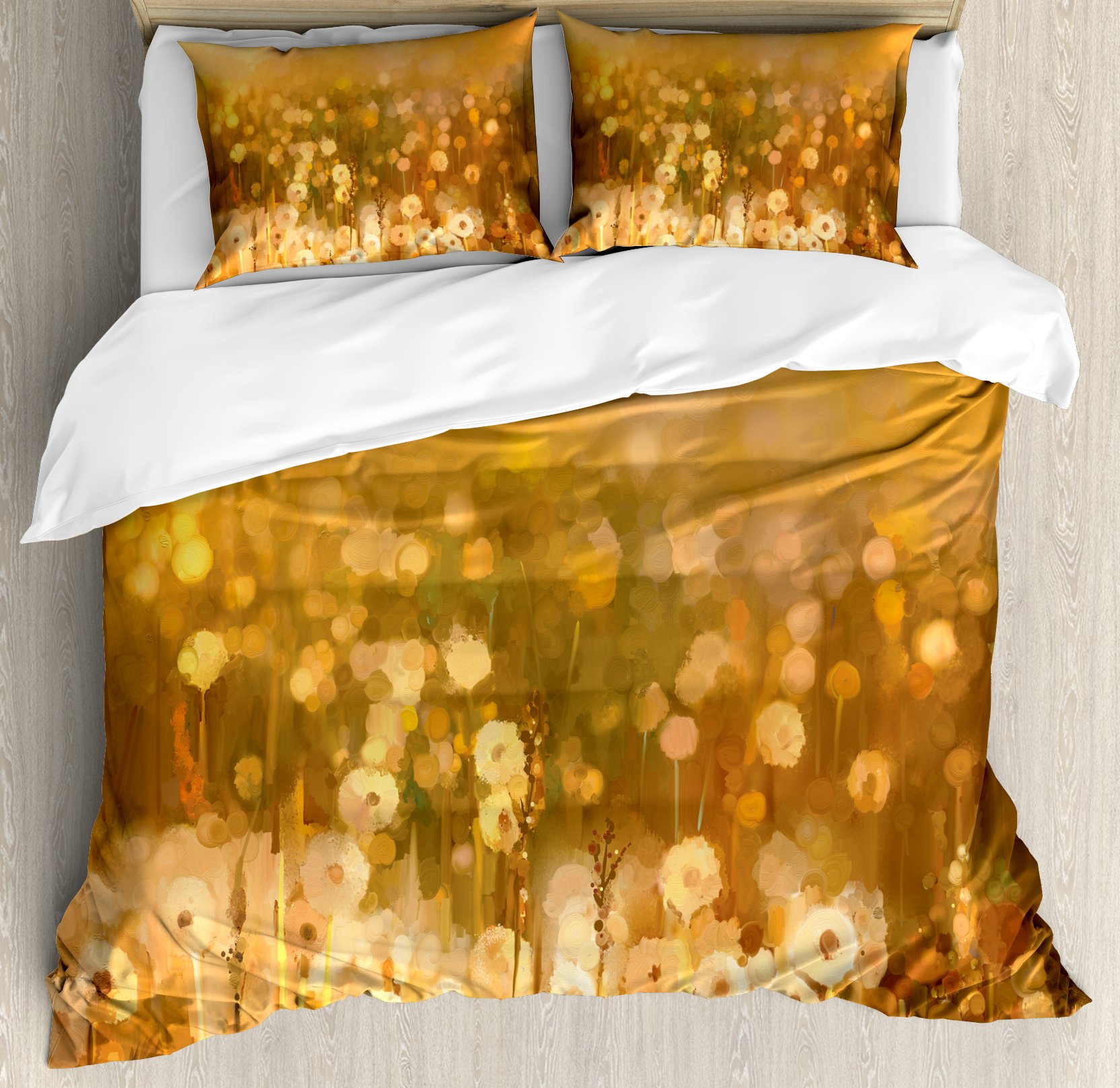 Ambesonne Vintage Dandelion Duvet Cover Set - Queen Size 3-Piece Bedding with 2 Pillow Shams, Floral Meadow Sunset Design in Oil Painting Style, Pale Orange Green Brown | Perfect for Spring Bedroom Decor, Guest Room Makeover & Boho Chic Home Styling
