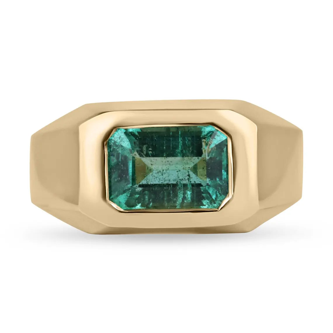 2.66ct Natural Emerald Cut Bluish Green Emerald Solitaire Ring for Men - Bezel Set Luxury Wedding Band, Anniversary Gift & Everyday Jewelry