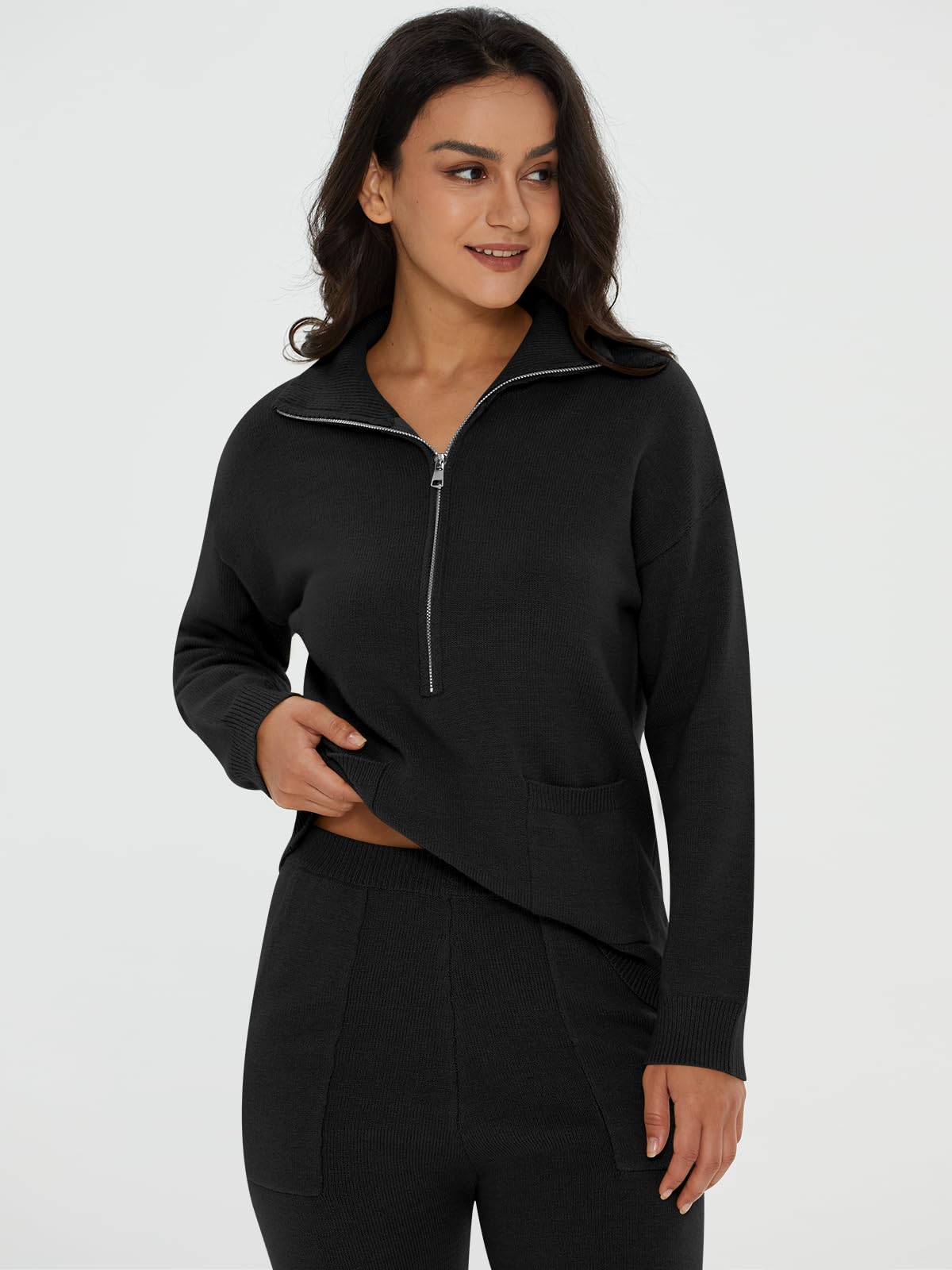 DEEP SELF Women's 2-Piece Sweater Set - Long Sleeve Half Zip Pullover & Jogger Pants Lounge Outfit with Pockets | Cozy Winter Outfit, Casual Loungewear, Home & Office Wear