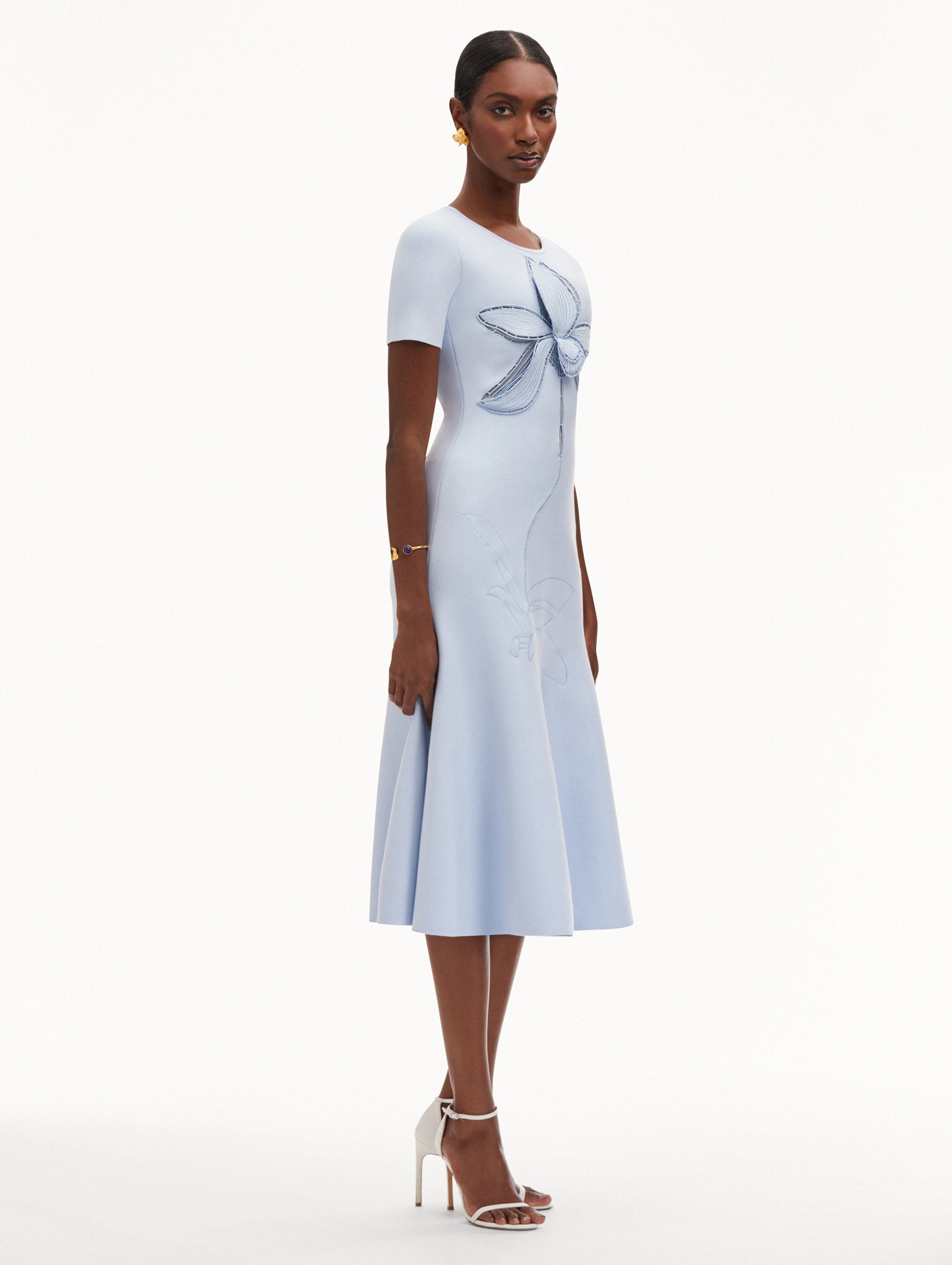 Elegant Orchid Embroidered Jacquard Midi Dress for Women - Floral Summer Party & Wedding Guest Dress