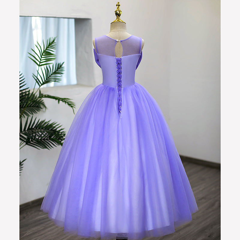 Elegant Purple Tulle A-Line Flower Girl Dress with Bow & Pleated Floor-Length Skirt - Perfect for Weddings, Pageants & Special Occasions